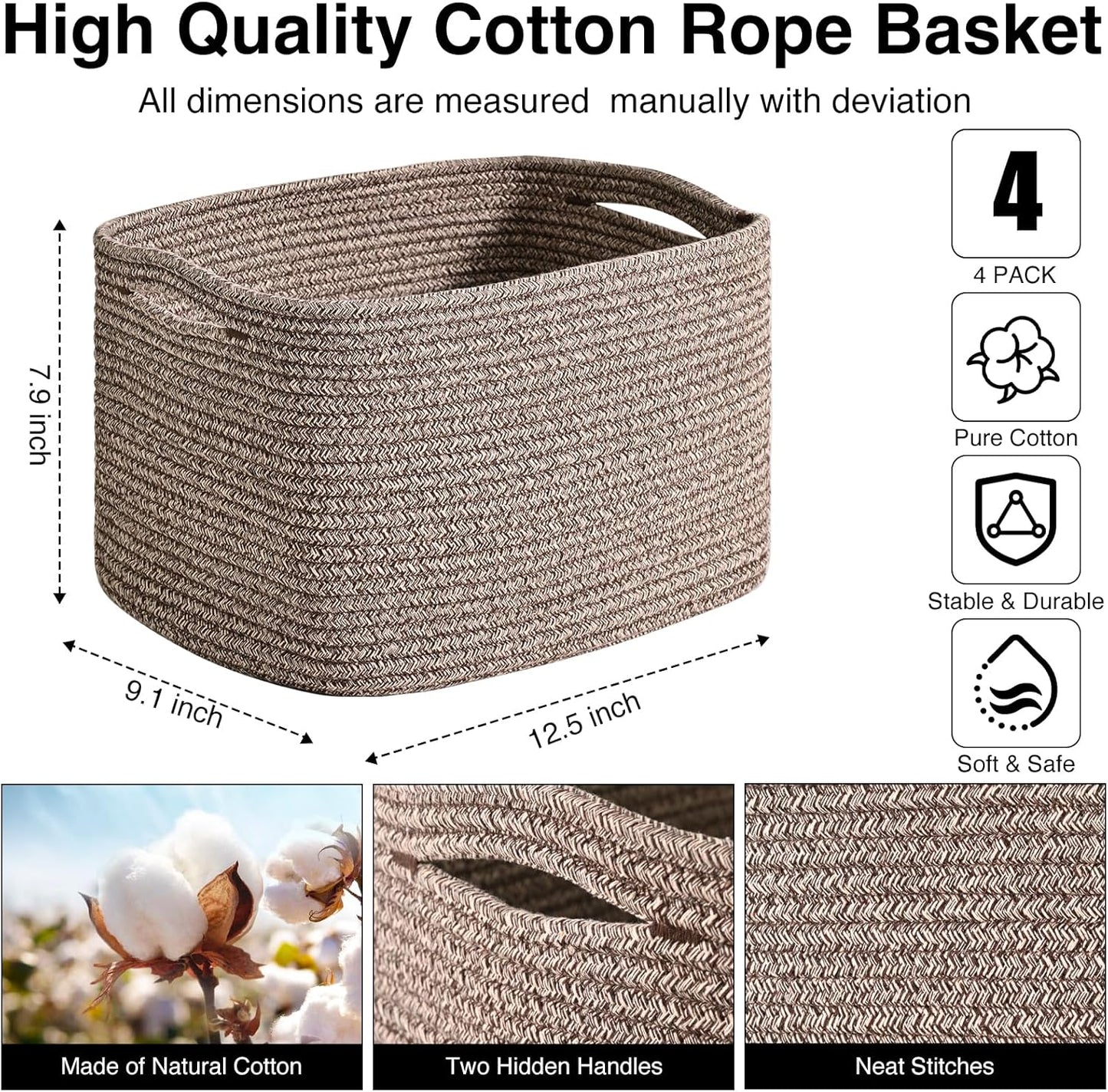 Storage Baskets for Shelves Organizing, Woven Cotton Rope Baskets for Storage, Book Basket