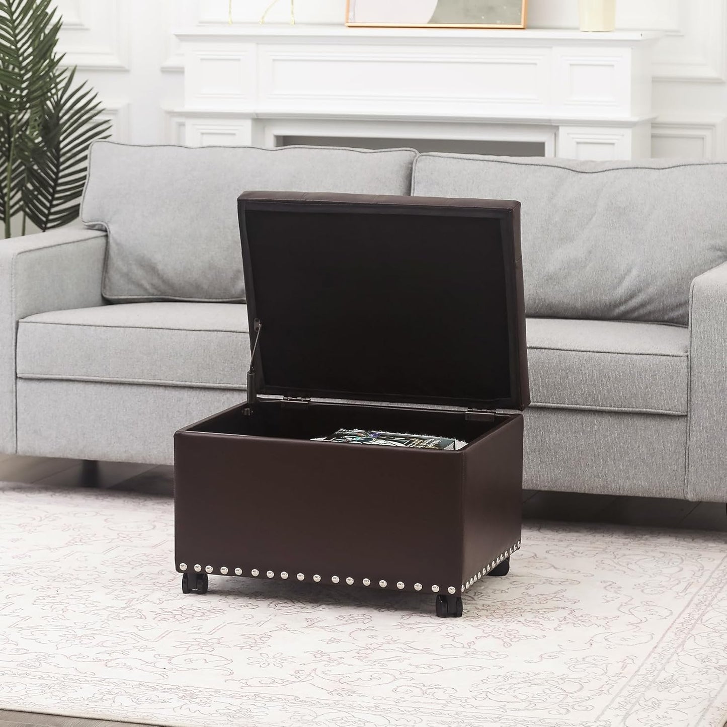 Joveco Leather Storage Ottoman with 360° Caster Wheels 24" Foot Rest Bench Rectangle Ottomans Stool