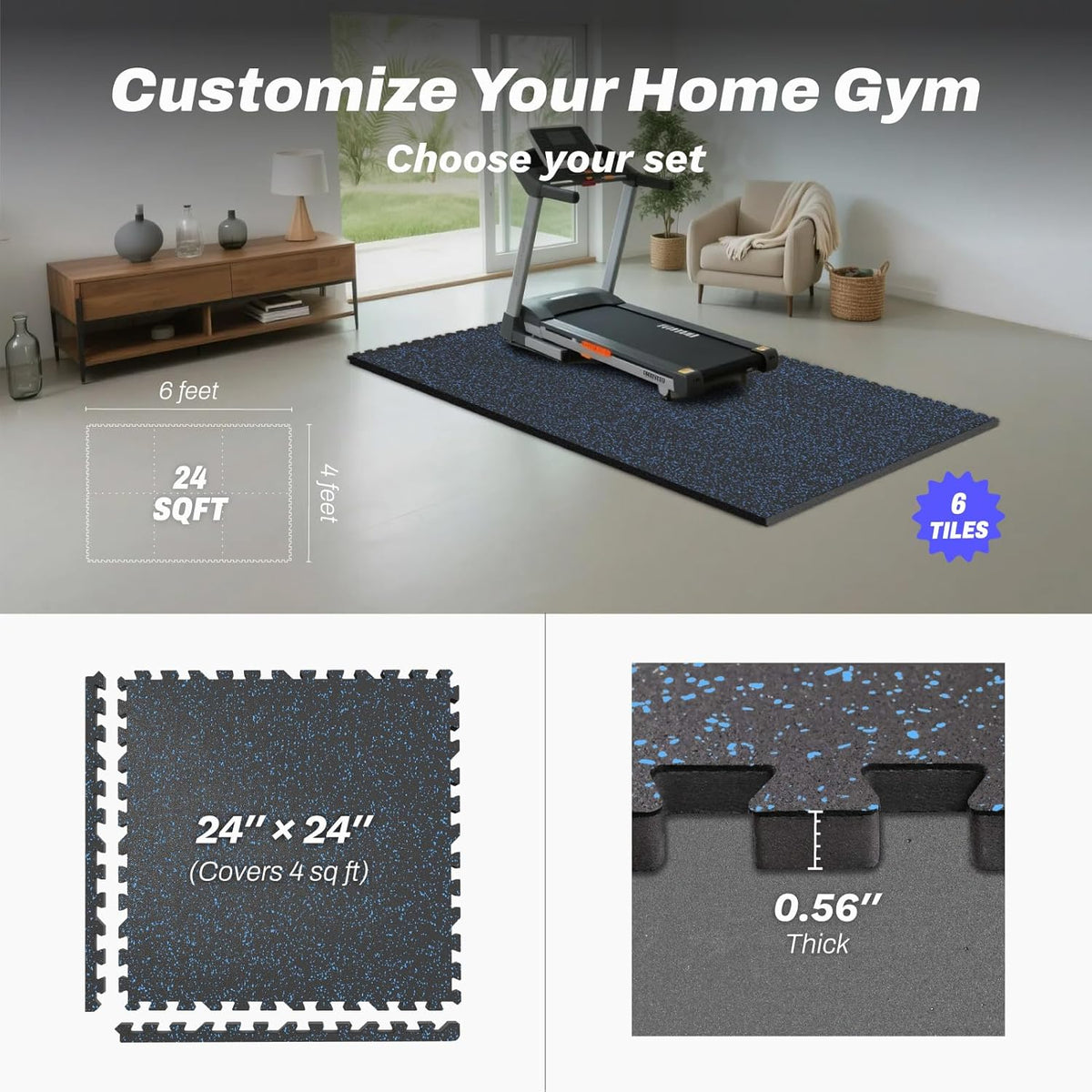 AIRHOP 0.56in Thick 24 Sq Ft Exercise Equipment Mats, 6 Tiles Upgraded Rubber Top with High Density