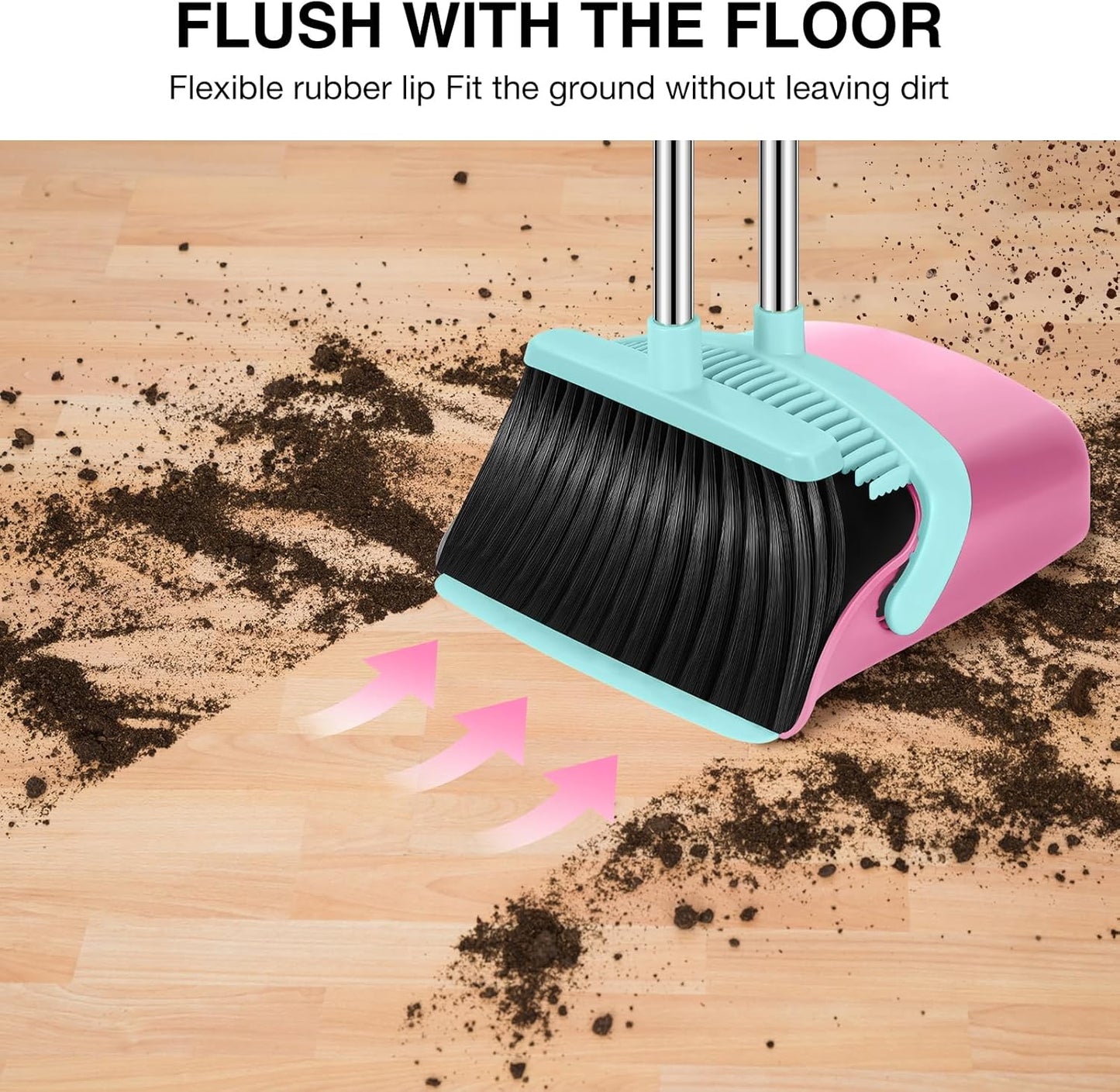 Broom and Dustpan Set, 52-in Long Adjustable Handle Broom Dustpan Combo with Dust pan Teeth to