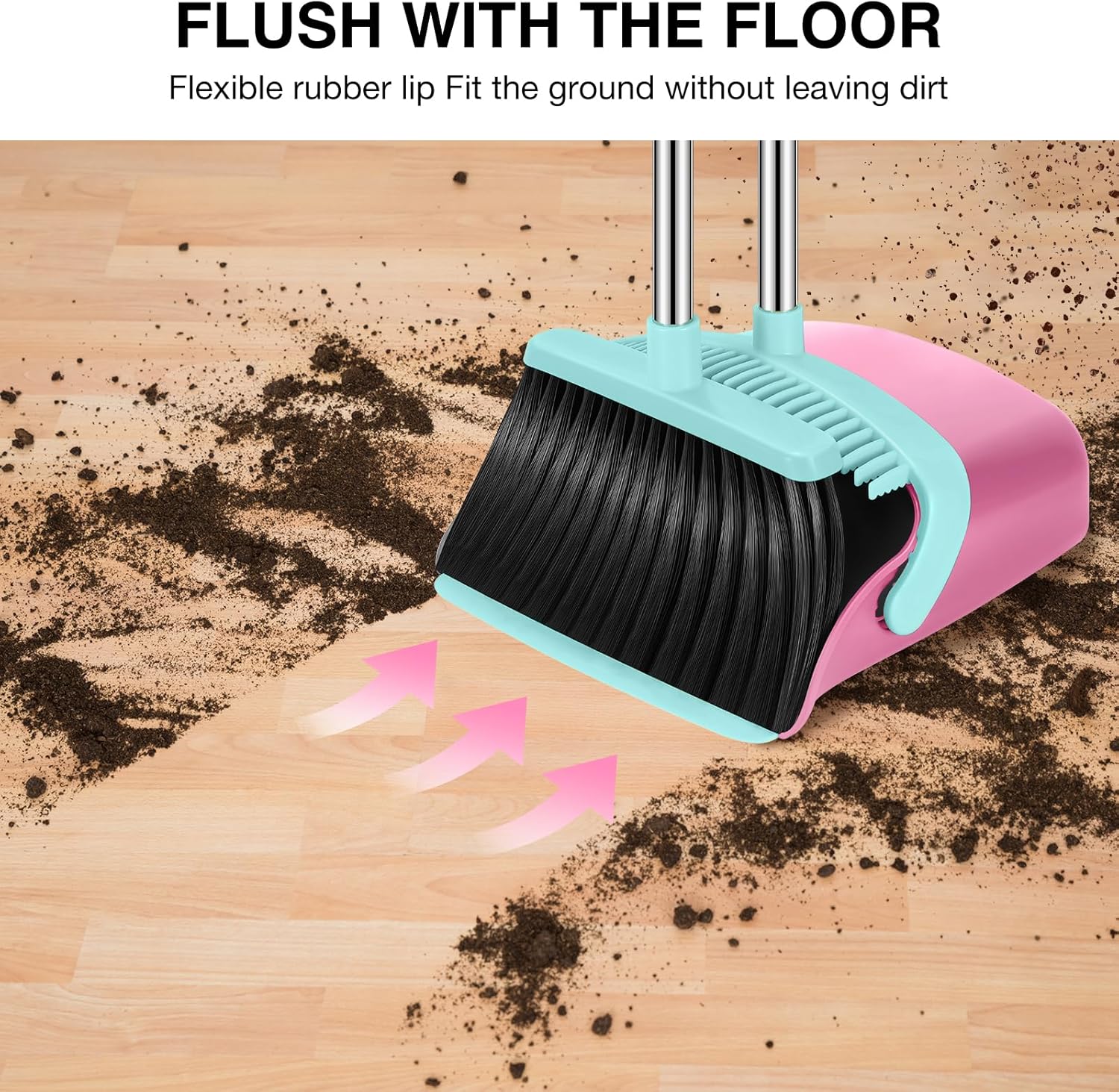Broom and Dustpan Set, 52-in Long Adjustable Handle Broom Dustpan Combo with Dust pan Teeth to