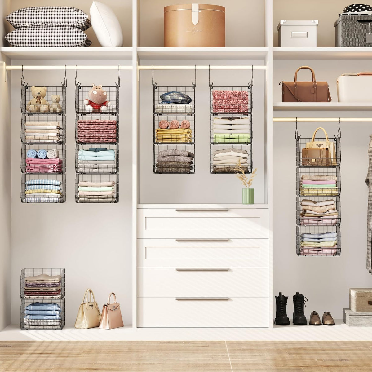 4 Tier Closet Hanging Organizer, Closet Organizers and Storage with 5 S Hooks, Closet Hanging
