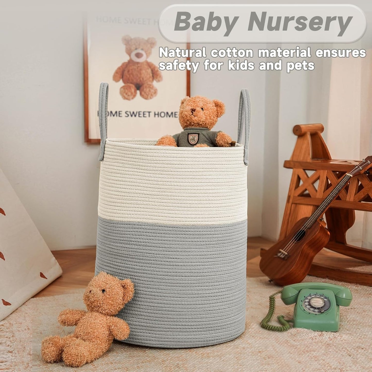 Large Woven Laundry Basket Hamper,80L Cotton Rope Storage Bin for Blankets,Toys and