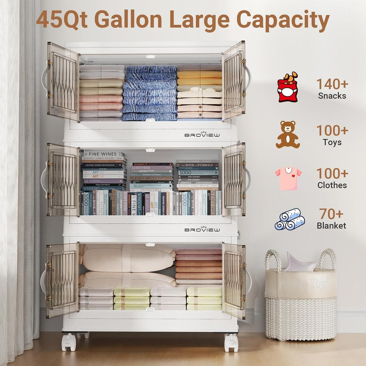 BROVIEW 135Qt Stackable Storage Bins with Lid, Extra Large Closet Organizer Collapsible Drawer
