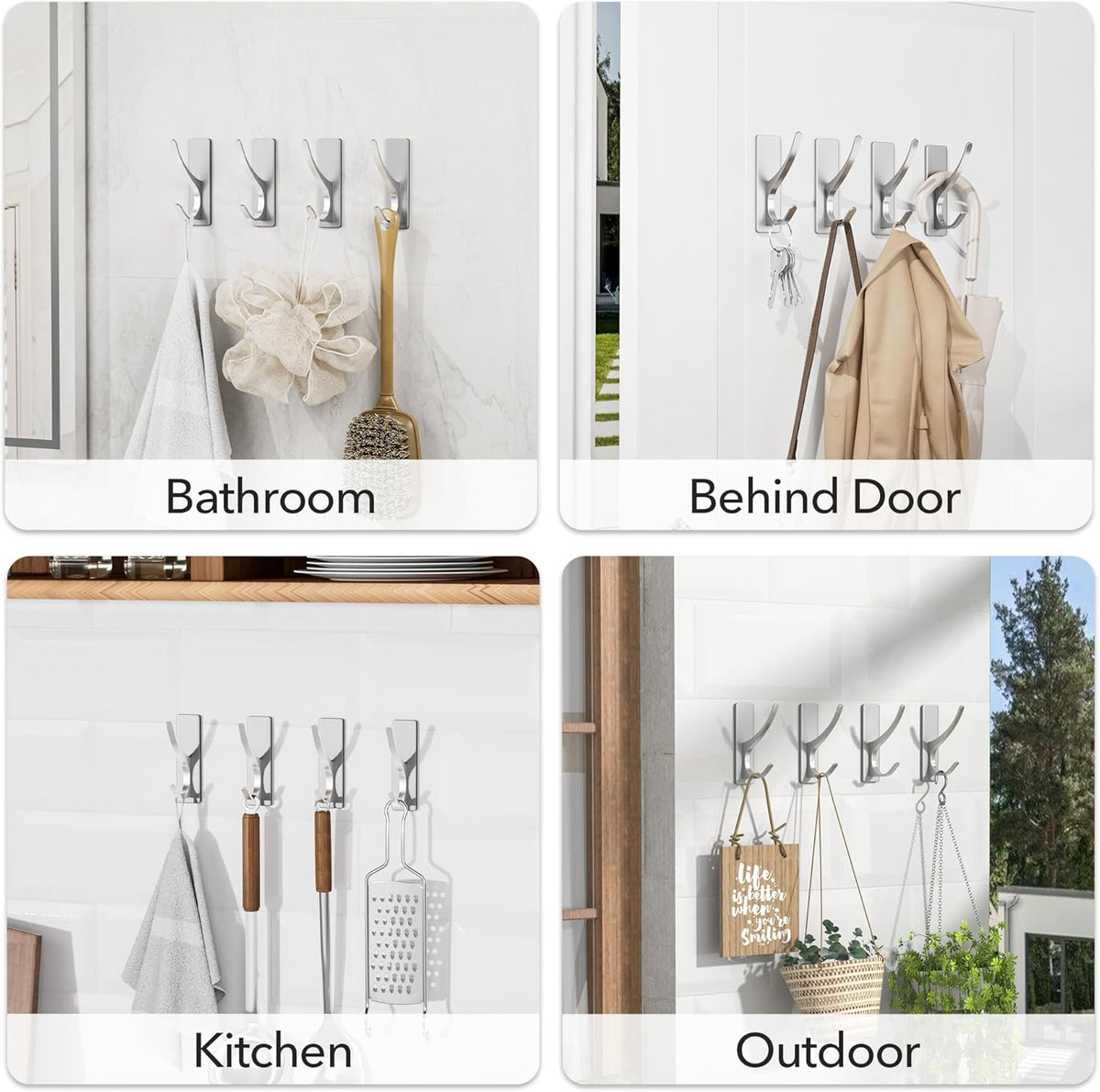 Self-Adhesive Coat Hooks for Hanging - Heavy Duty Stainless Double Wall Hook for Towel, Backpack
