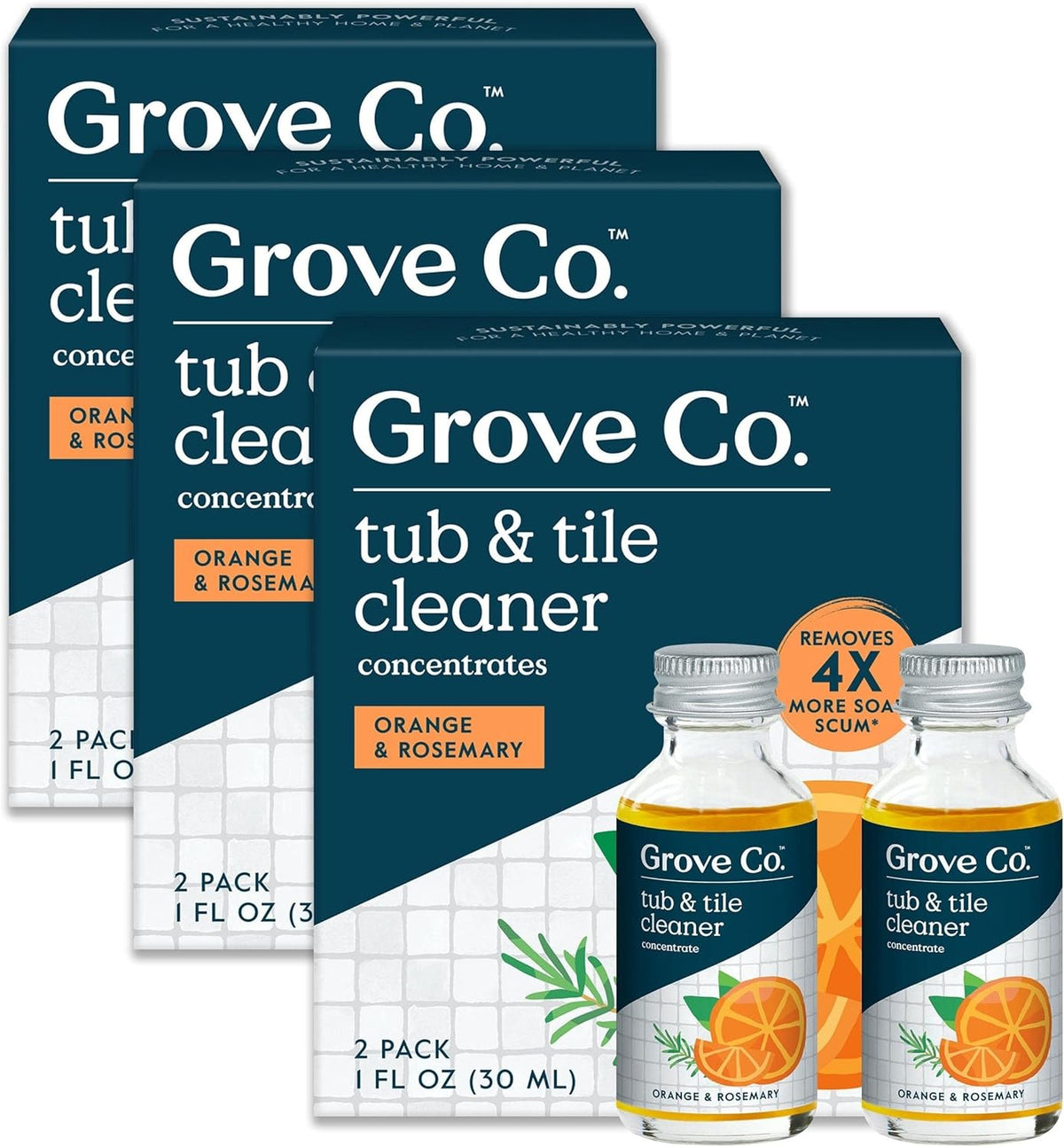 Grove Co. Tub and Tile Cleaner, Refill Concentrate (6 x 1 Fl Oz) Plant-Based Household Cleaning