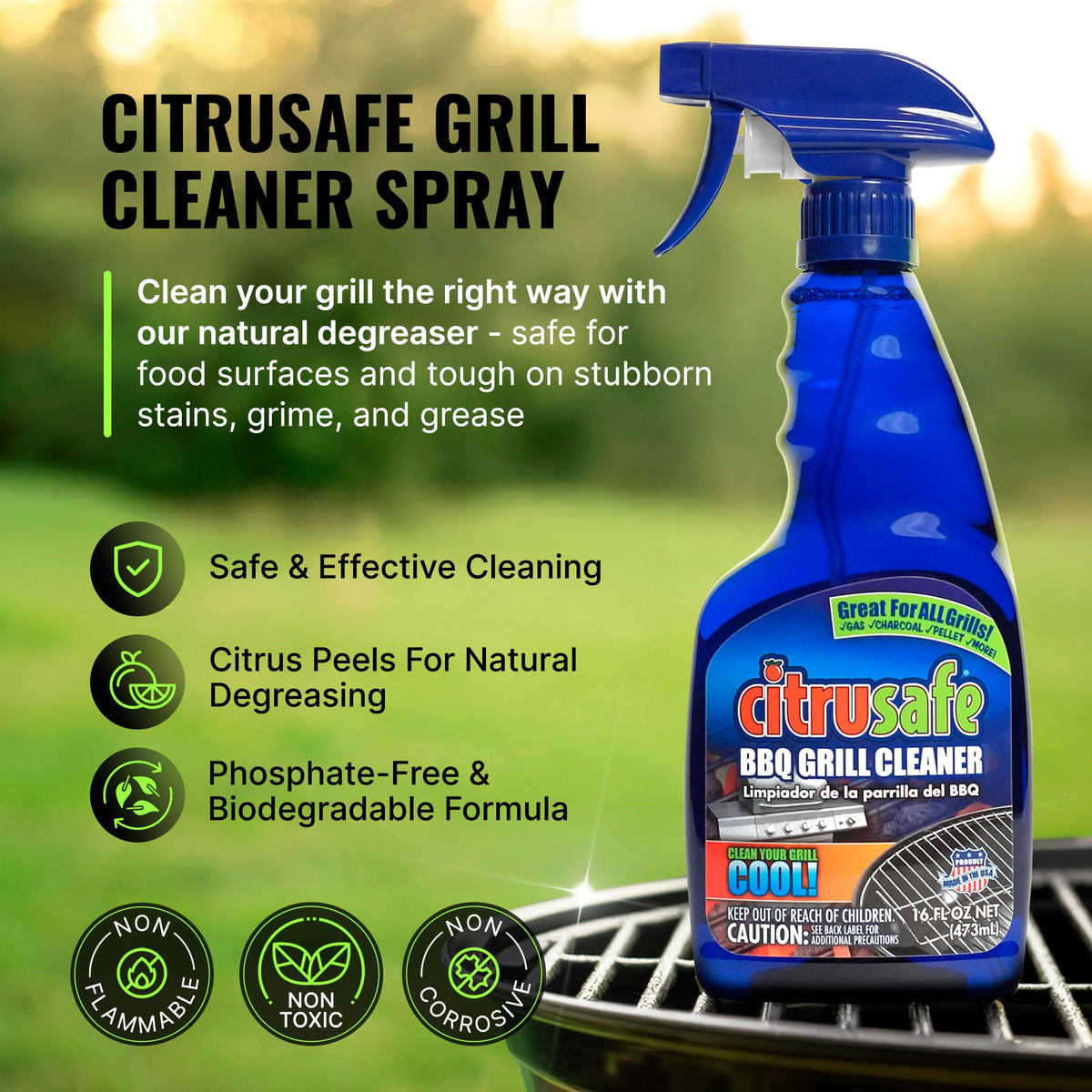 Citrusafe BBQ Grill Cleaner Spray for Outdoor Grill 16 OZ – Safe Heavy Duty Cleaner for Burnt Food