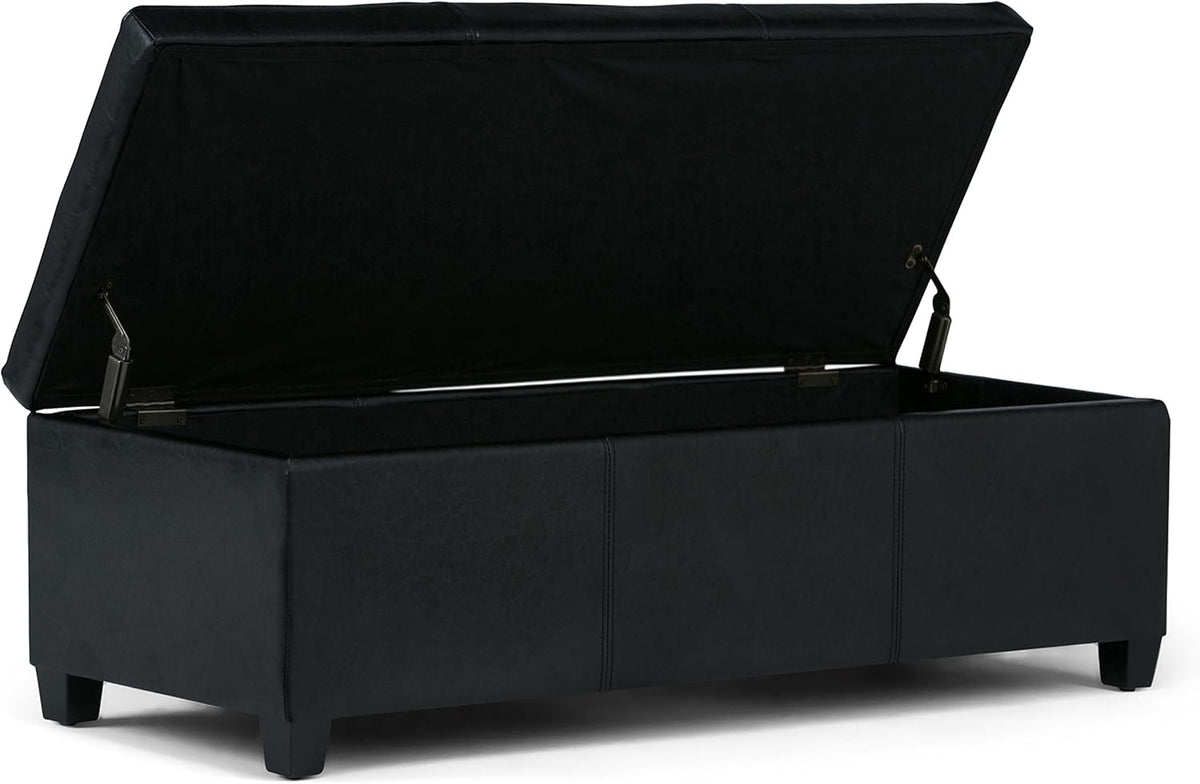 SIMPLIHOME Avalon 48 inch Wide Contemporary Rectangle Storage Ottoman Bench in Midnight Black Vegan