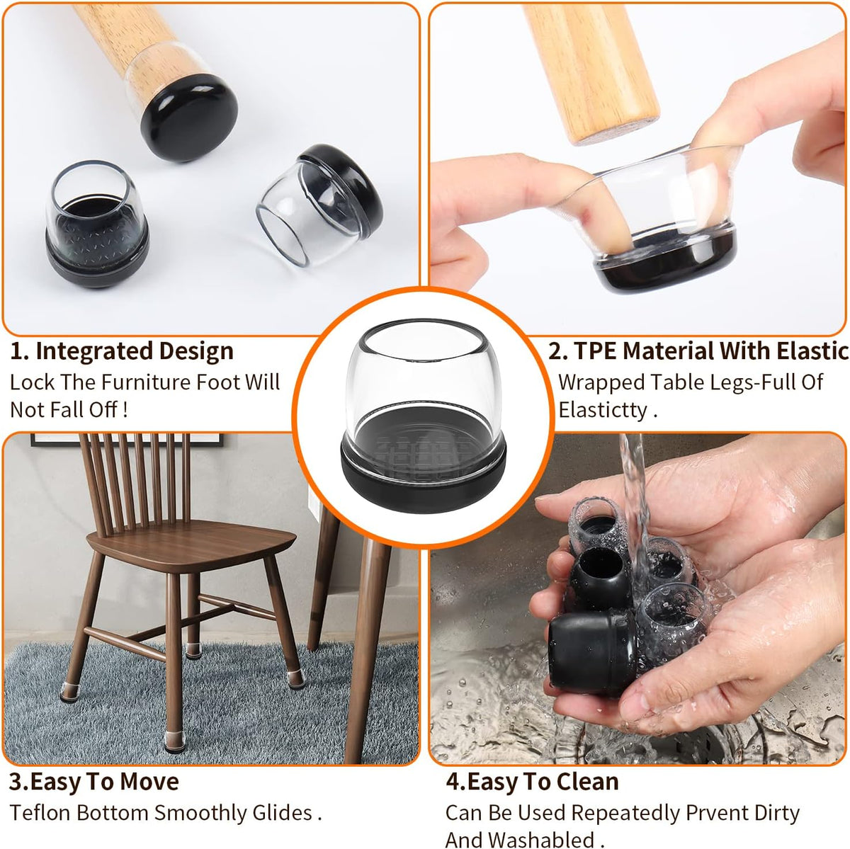 Ezprotekt 24 Pcs Clear Chair Leg Sliders for Carpet, Round Teflon Furniture Glides for Rug, Carpet