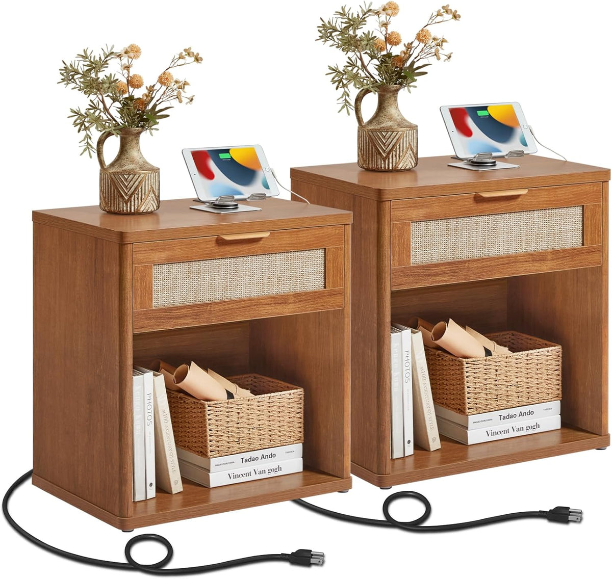 LEYAOYAO Rattan Nightstands Set of 2 with Charging Station, Natural Wood Night Stand with Drawer