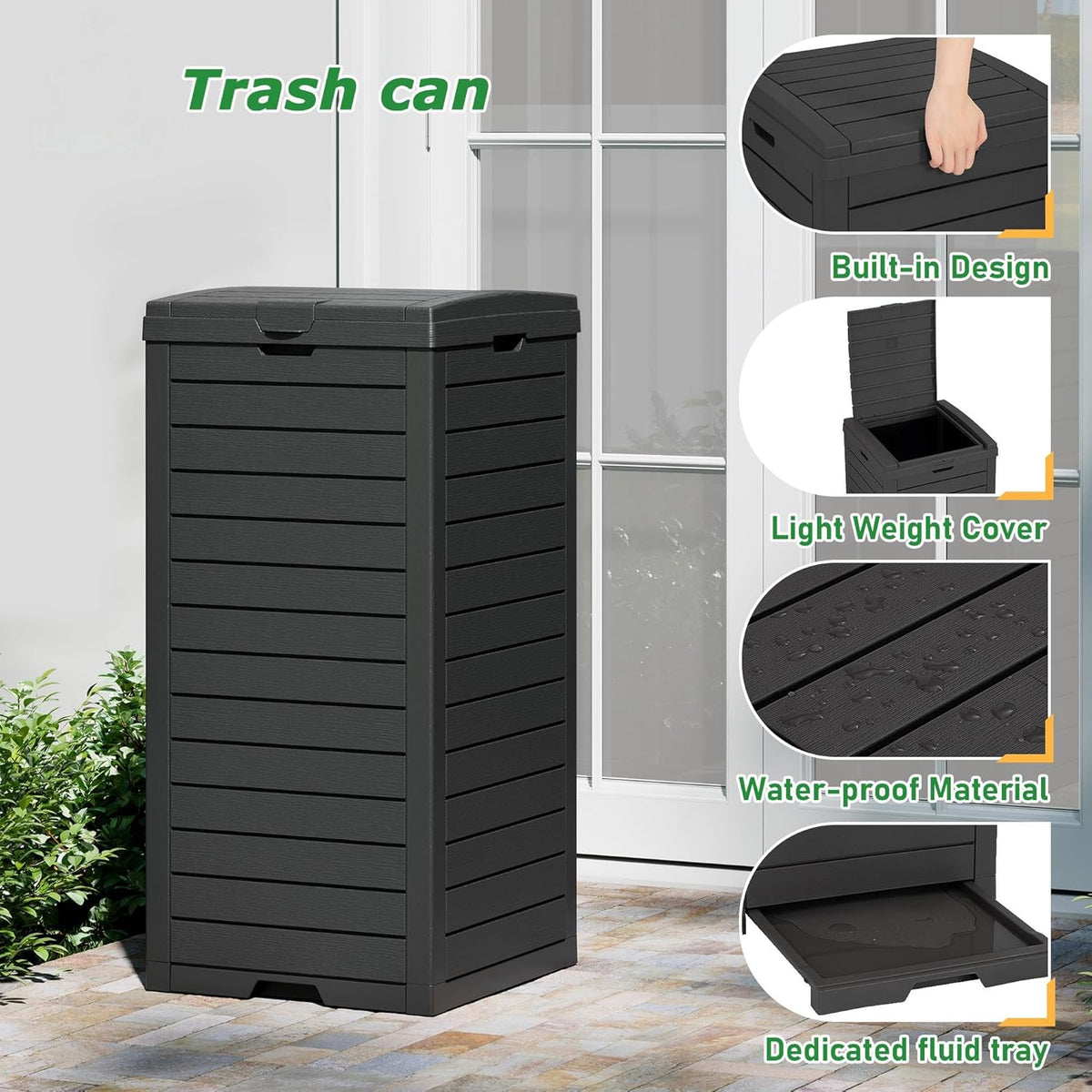 NUNU LAB 31 Gal Outdoor Trash Can with Lid - Heavy Duty Waterproof Resin, Removable Drip Tray, Fits