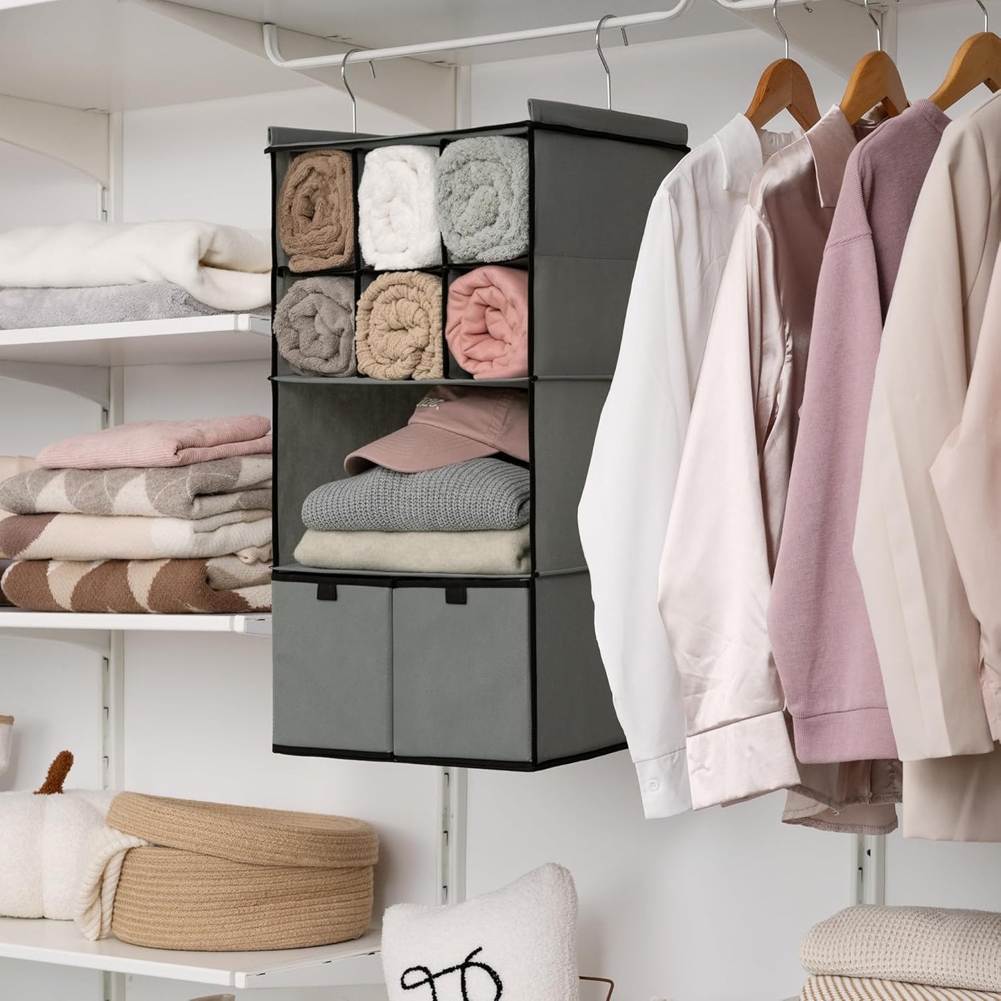 GRANNY SAYS Hanging Closet Organizer with Drawers, 4 Shelf Dividers Closet Hanging Organizer