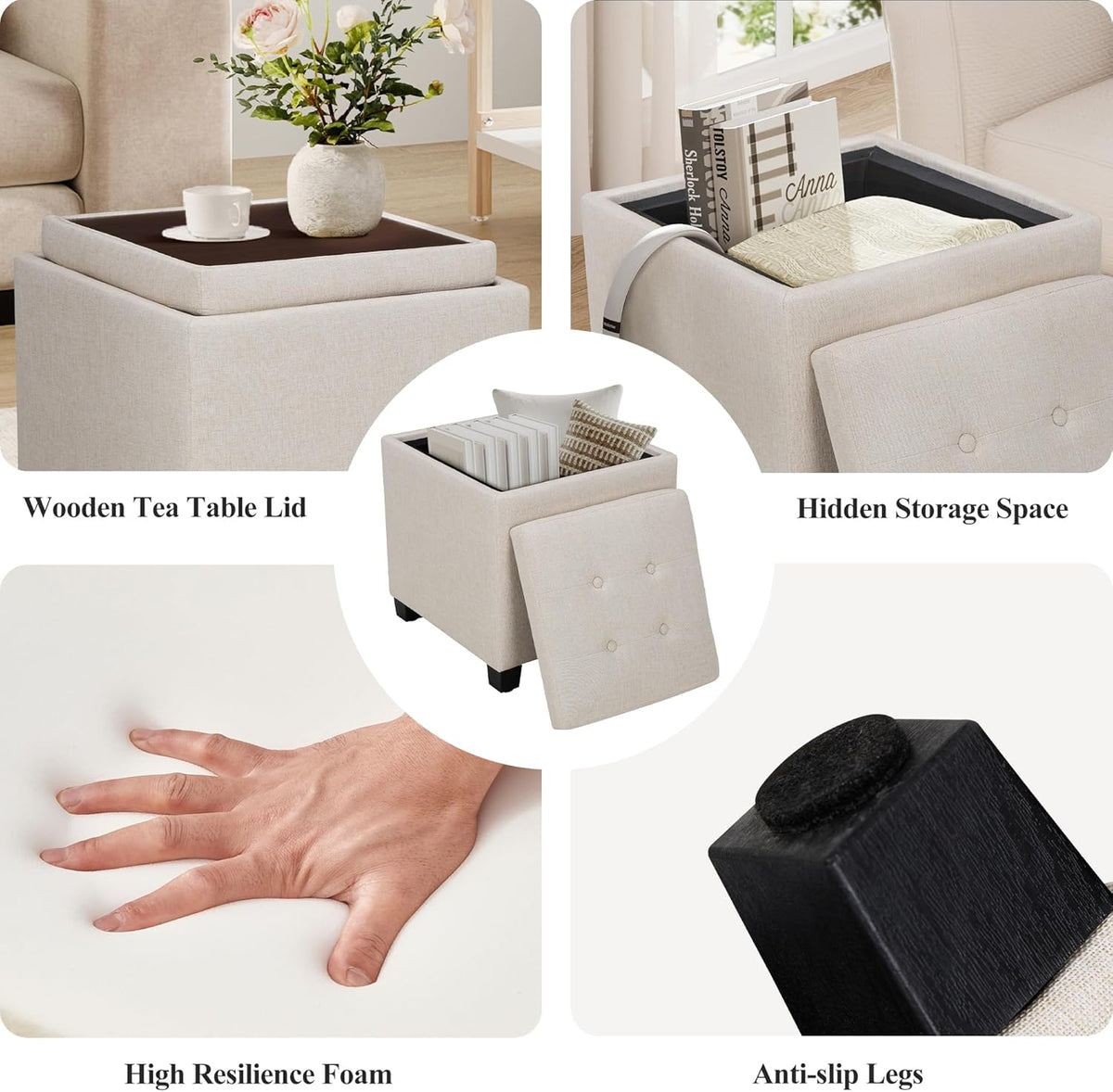 COLAMY Fabric Square Storage Ottoman with Reversible Tray Lid – Multi-Functional Footrest, Hidden