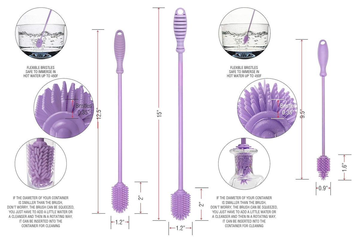 A-Brush Silicone Bottle Cleaner Brush, 3 Piece Set, Long Handle - Water Bottle Cleaner, Baby Bottle