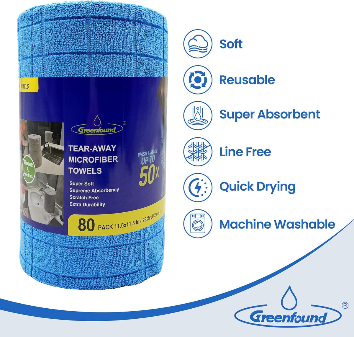 Greenfound Microfiber Cleaning Cloth Roll -80 Pack,Tear Away Towels for Car,Reusable Paper Towels