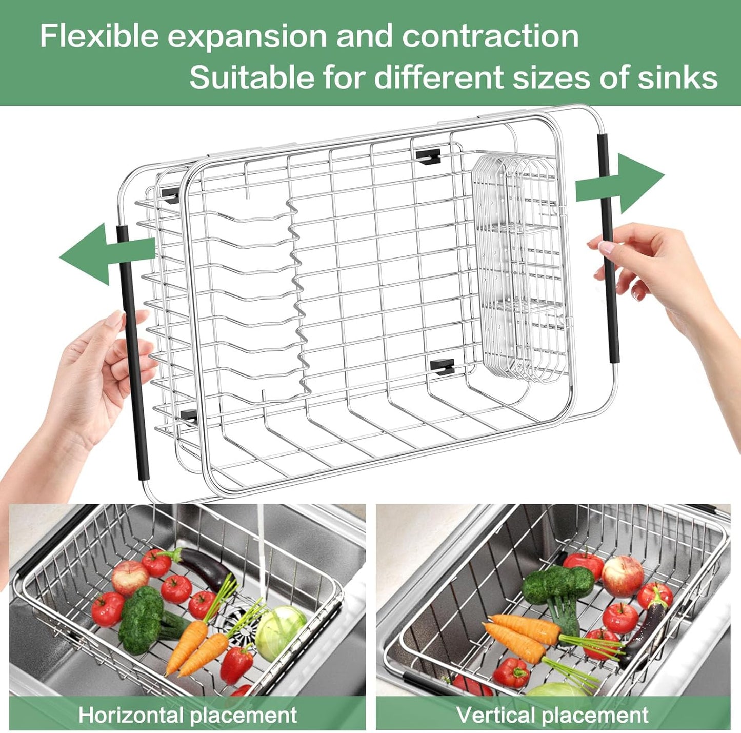 Large Dish Drainer Rack in Sink Adjustable, Expandable 304 Stainless Steel Metal Dish Drying Rack
