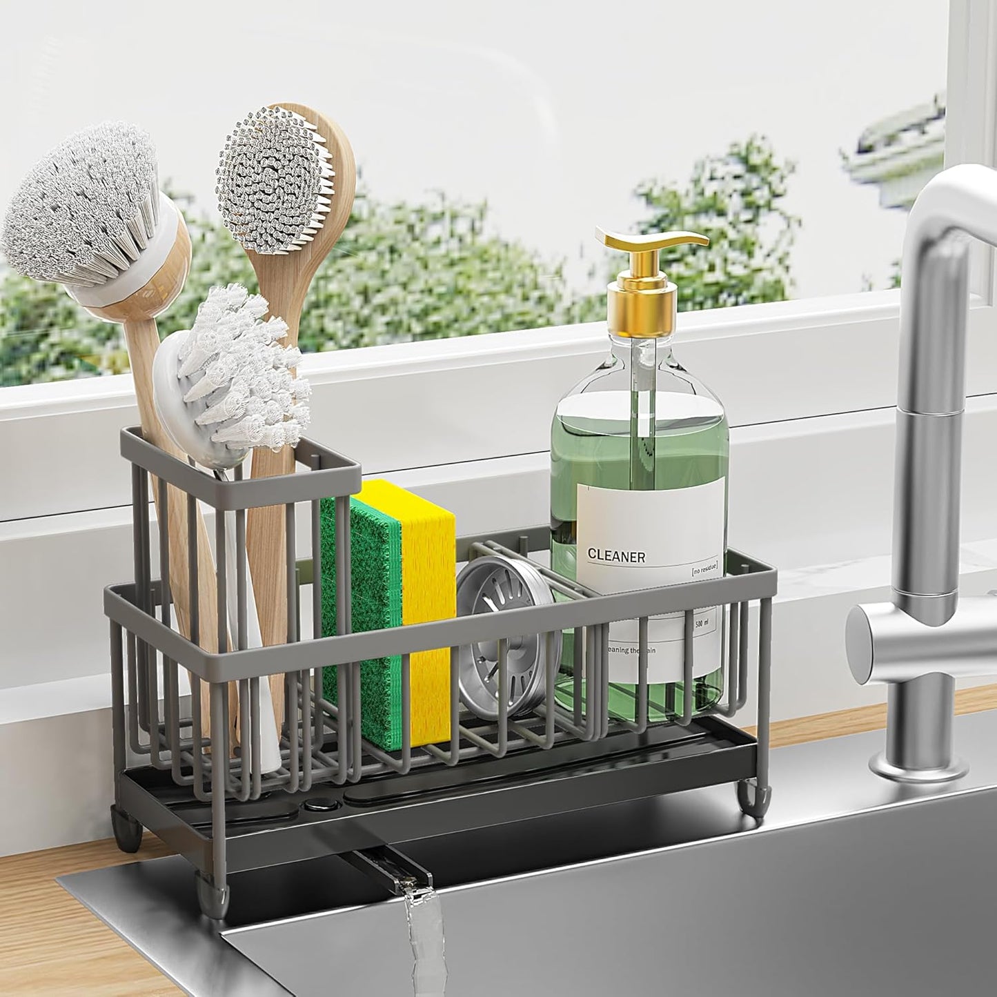 Cisily Charcoal Gray Sponge Holder for Kitchen Sink, Sink Caddy Organizer with High Brush Holder