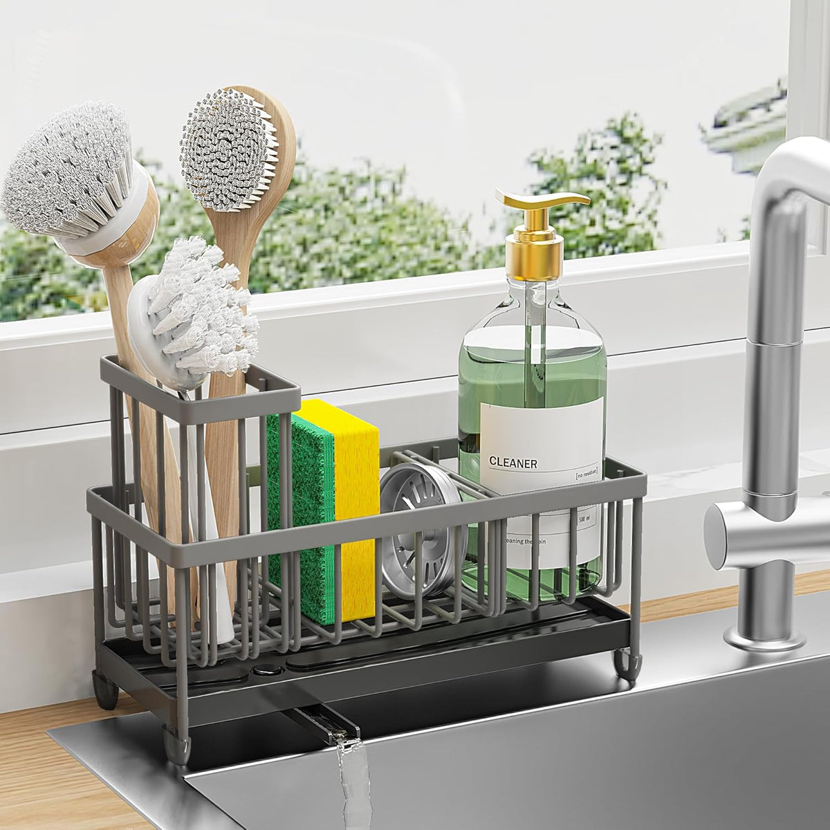 Cisily Charcoal Gray Sponge Holder for Kitchen Sink, Sink Caddy Organizer with High Brush Holder