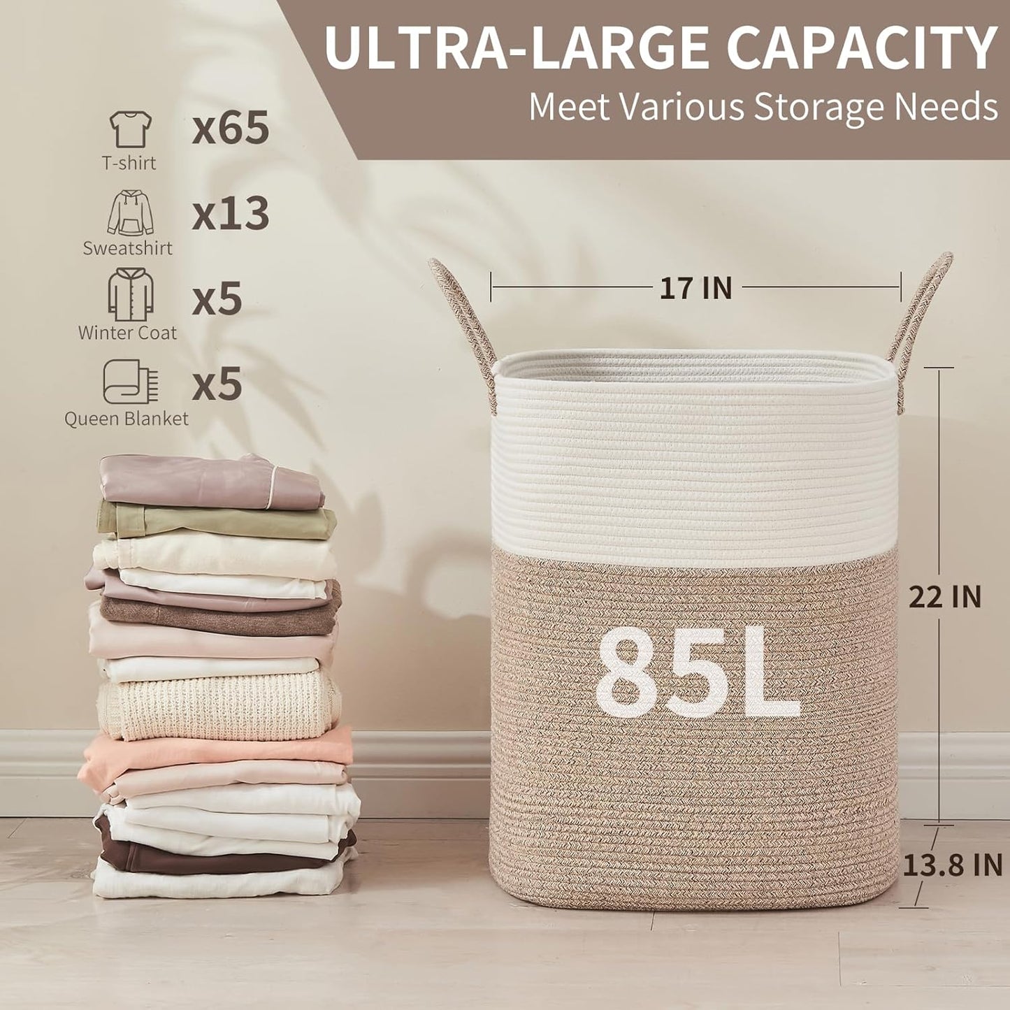 Laundry Basket with Handles - Blanket Basket & Hampers for Bedroom Aesthetic, Laundry Hamper &