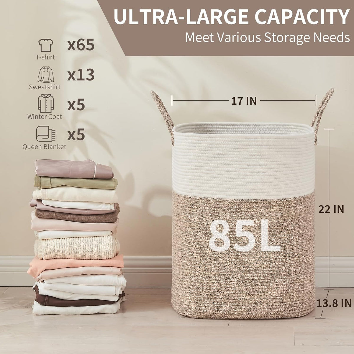 Laundry Basket with Handles - Blanket Basket & Hampers for Bedroom Aesthetic, Laundry Hamper &