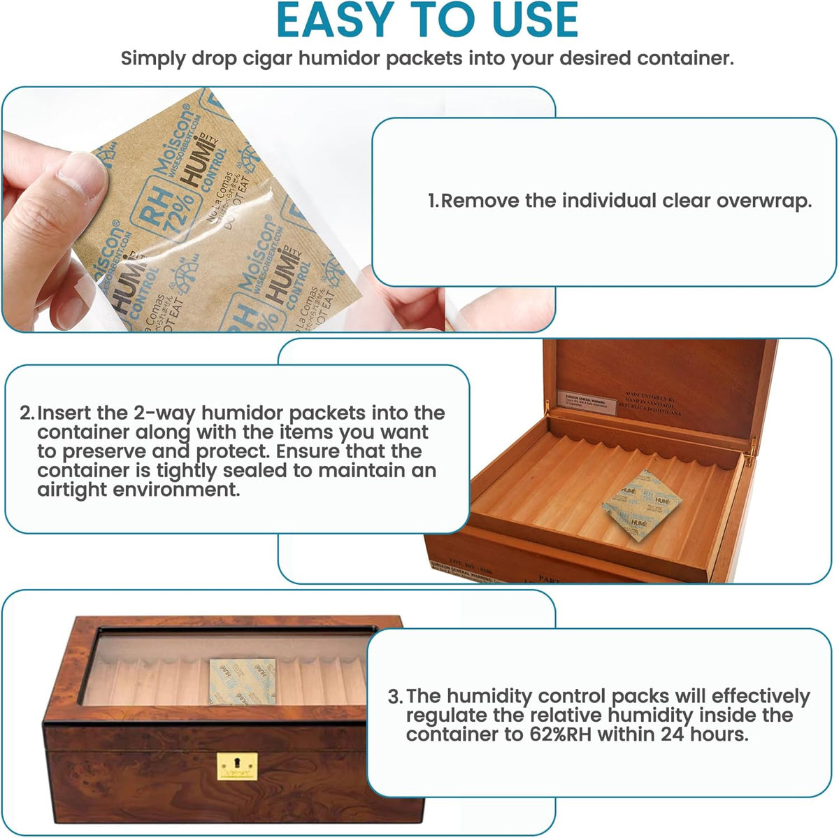 72% Two-Way Humidity Control Packs- 8 Gram Moisture Absorbers for Herbs, Wood Humidifier Boxes