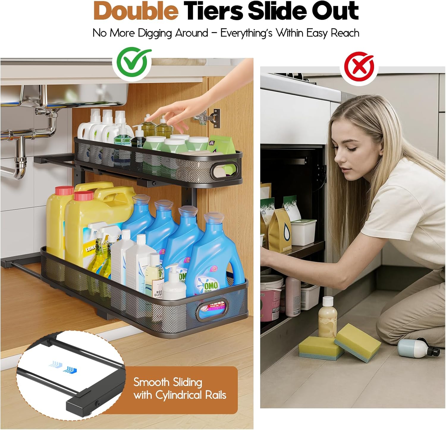 2 Pack 21.3IN-Depth Under Sink Organizer with Smooth Cylindrical Rail,2-Tier Pull Out Multi-Purpose