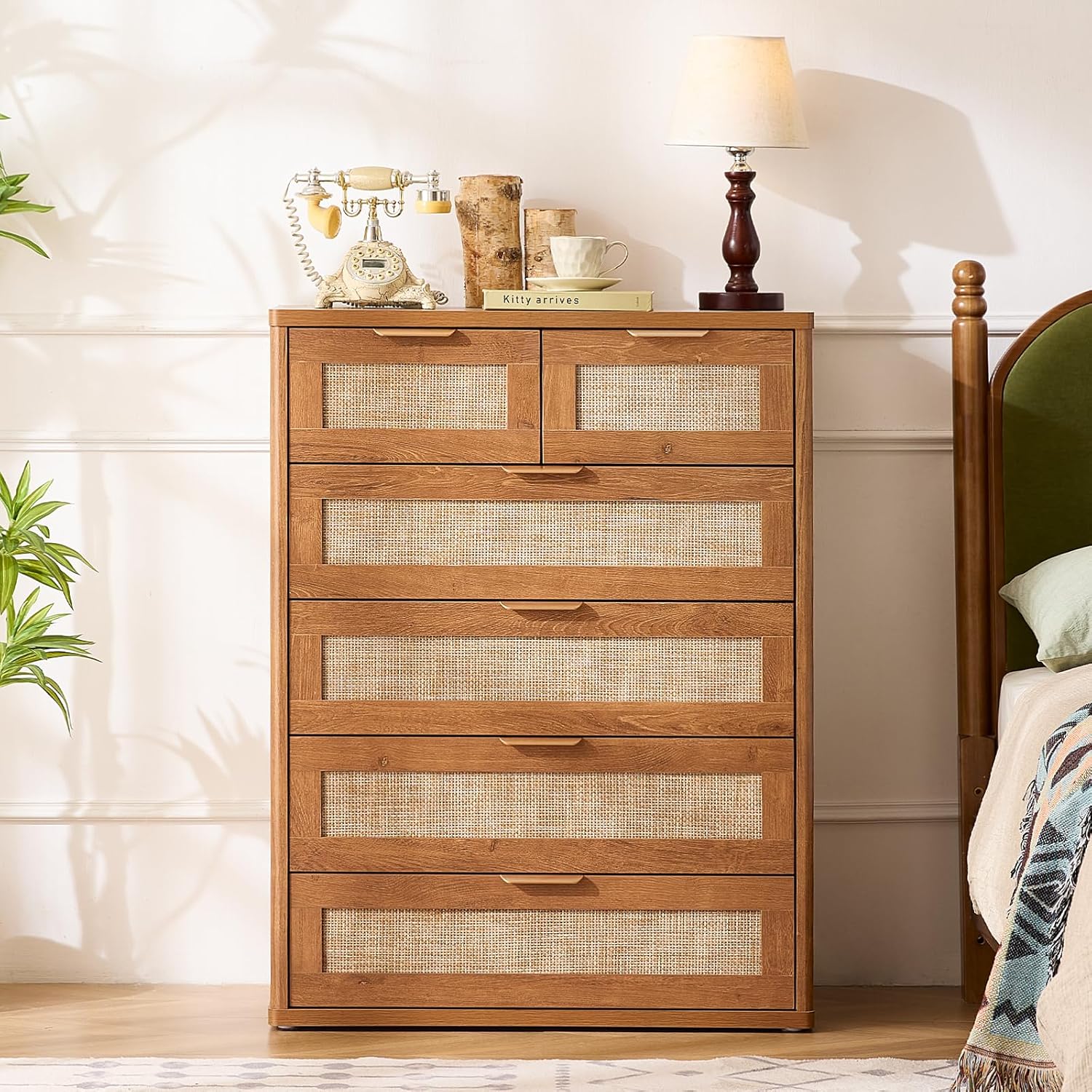 LEYAOYAO Rattan Dresser for Bedroom Set of 2, 42" Tall Chest of Drawers, Modern 6 Drawers Boho