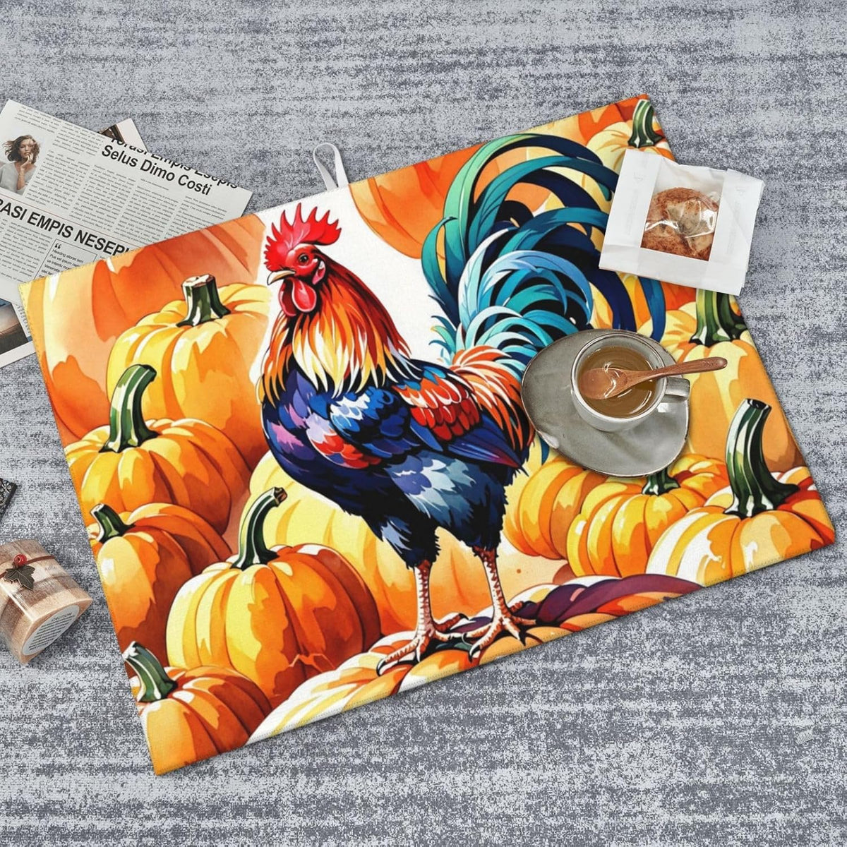Rooster Pumpkin Dish Drying Mat Highly Absorbent Double-Sided Microfiber with Hanging Loop