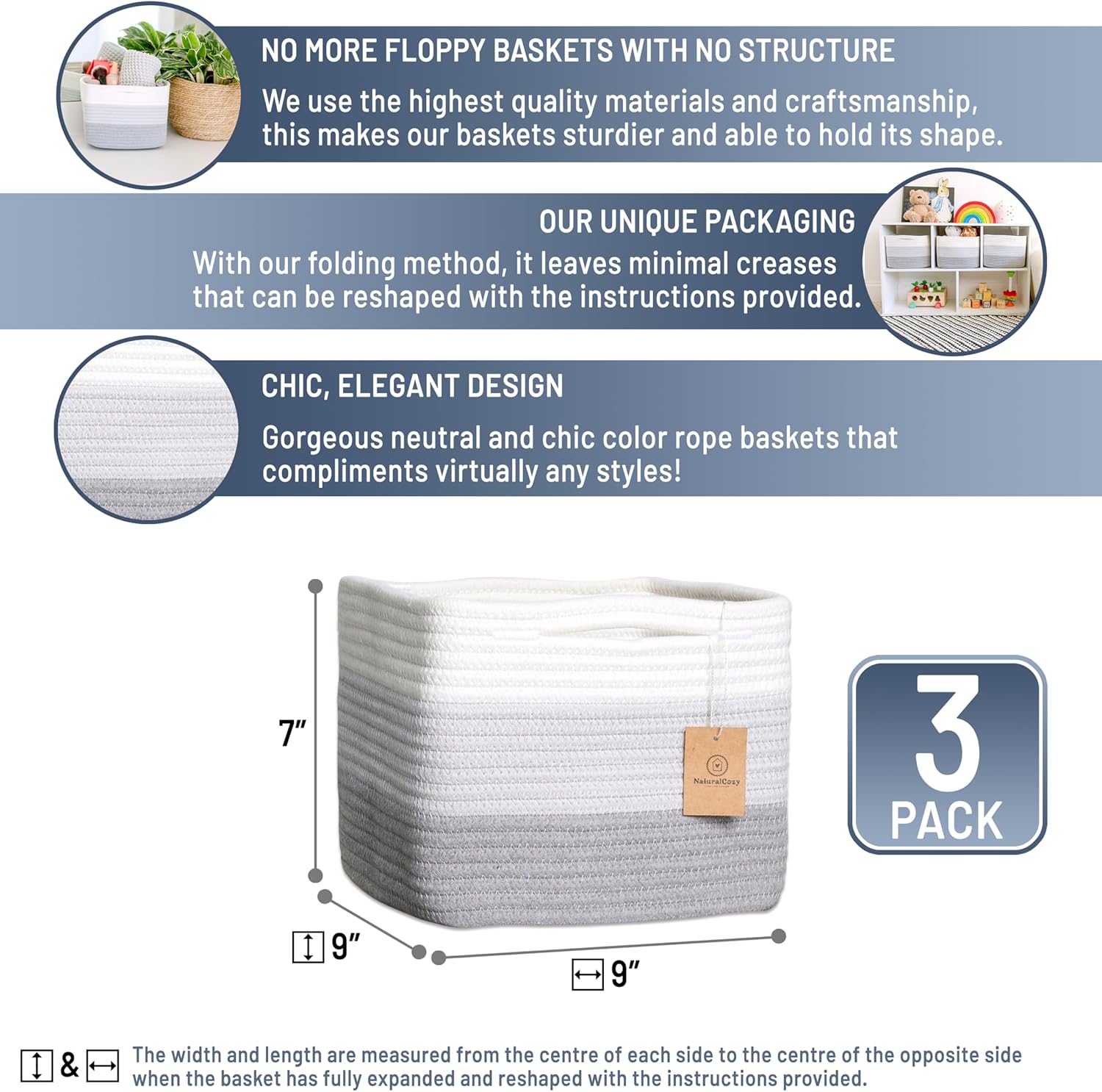 NaturalCozy Storage Cubes 9”x9”x7”Cotton Rope Woven Baskets for Organizing 3-Pack | 9 Inch Cube