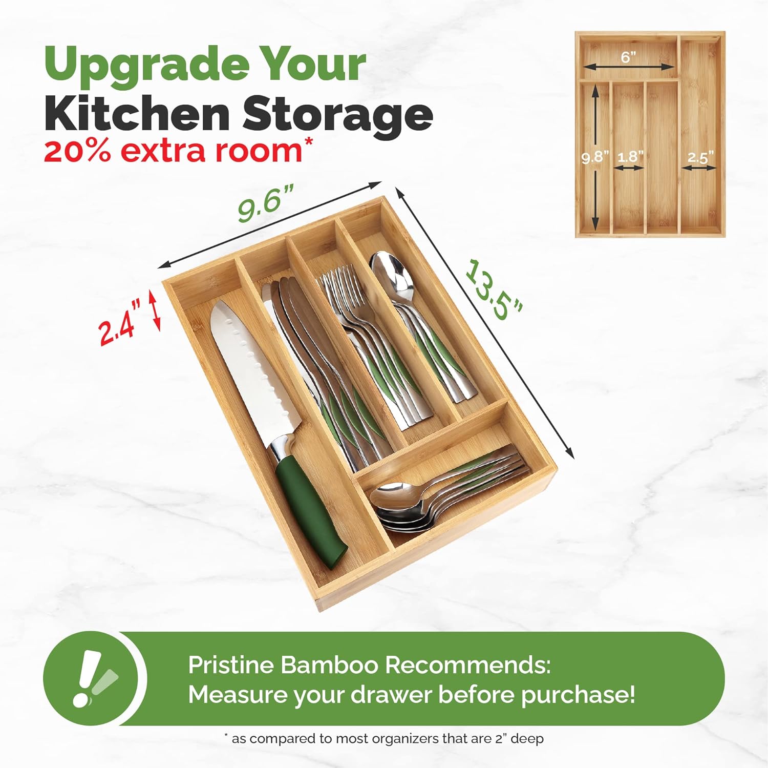 Silverware Organizer - Small Extra-Deep Wooden Kitchen Drawer Organizer Divider for Spoons, Forks