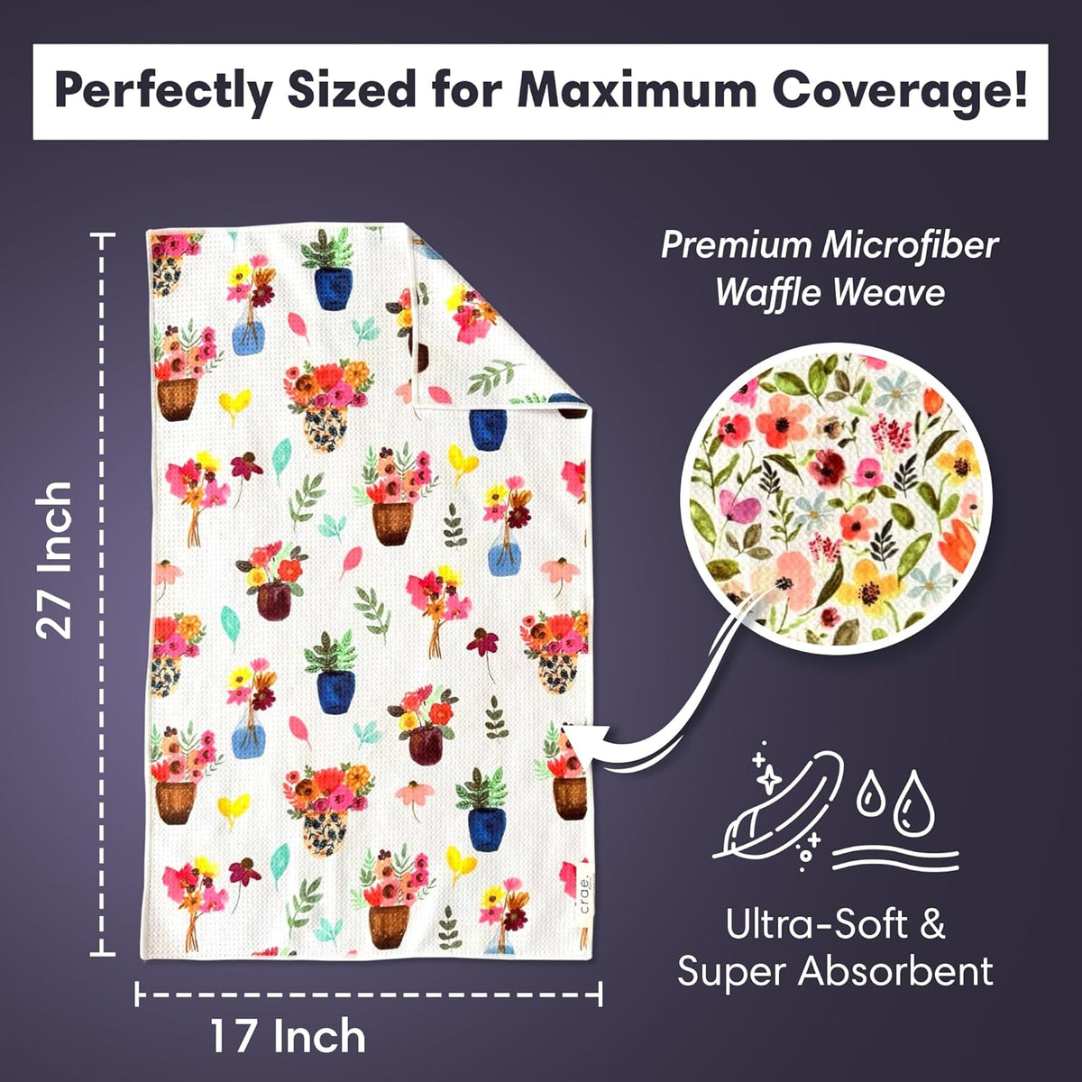 2 Double Sided Microfiber Hand Towels, 17x27 Inches Waffle Design Kitchen Towels Set, Durable &