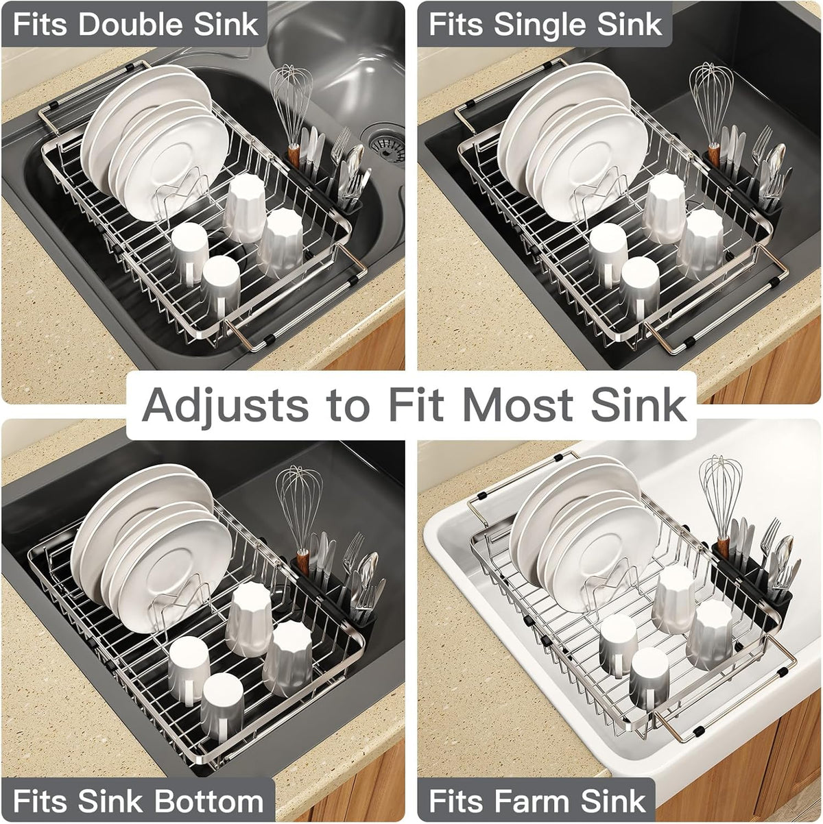 Small Expandable Over The Sink Dish Drainer Drying Rack in Stainless Steel Metal for Kitchen