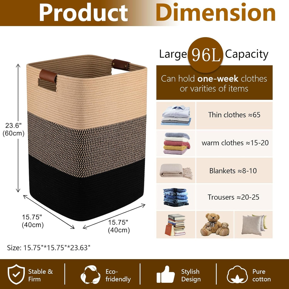 Laundry Hamper 96L Extra Large Laundry Basket, Woven Blanket Basket, Cotton Woven Storage Hamper