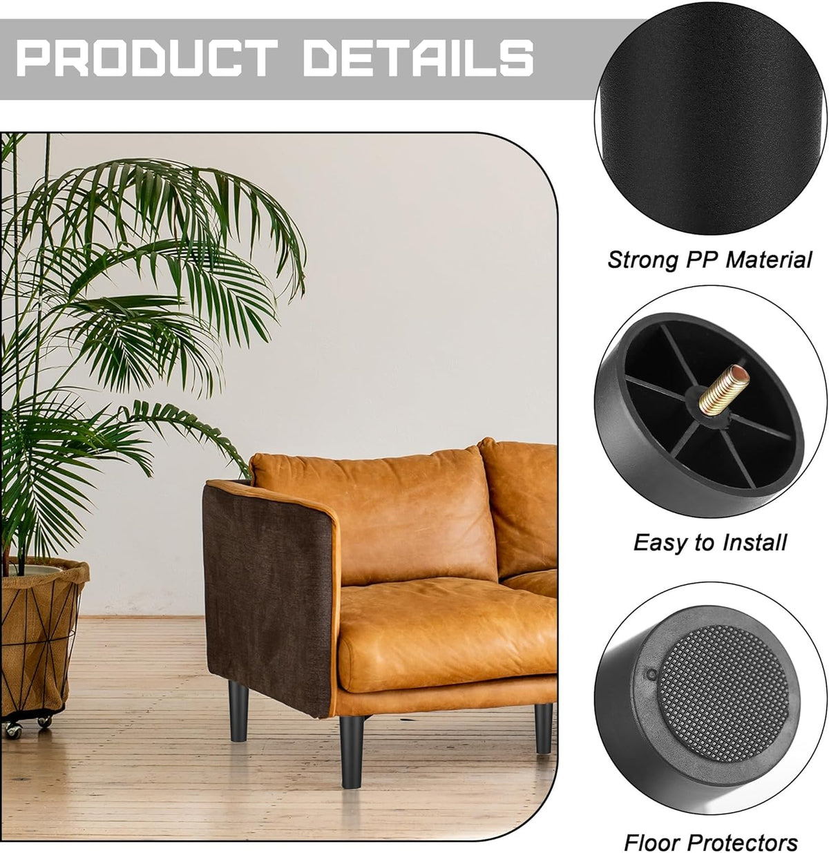 TURSTIN 8 Pack 8 Inch Plastic Furniture Legs with M8 T-Nuts Screws Tapered Sofa Couch and Chair