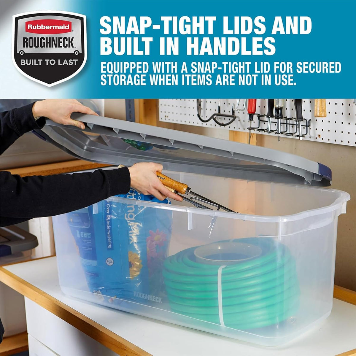 Rubbermaid Roughneck Clear 95 Qt/23.75 Gal Storage Containers, Pack of 4 with Latching Grey Lids
