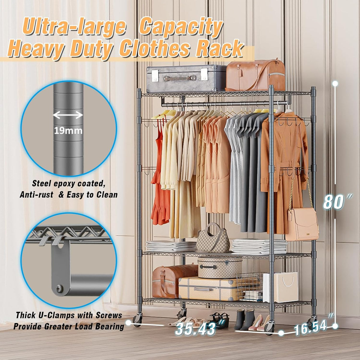 Homdox Heavy Duty Rolling Clothing Rack, Adjustable Garment Rack with 3 Tier Storage Shelves