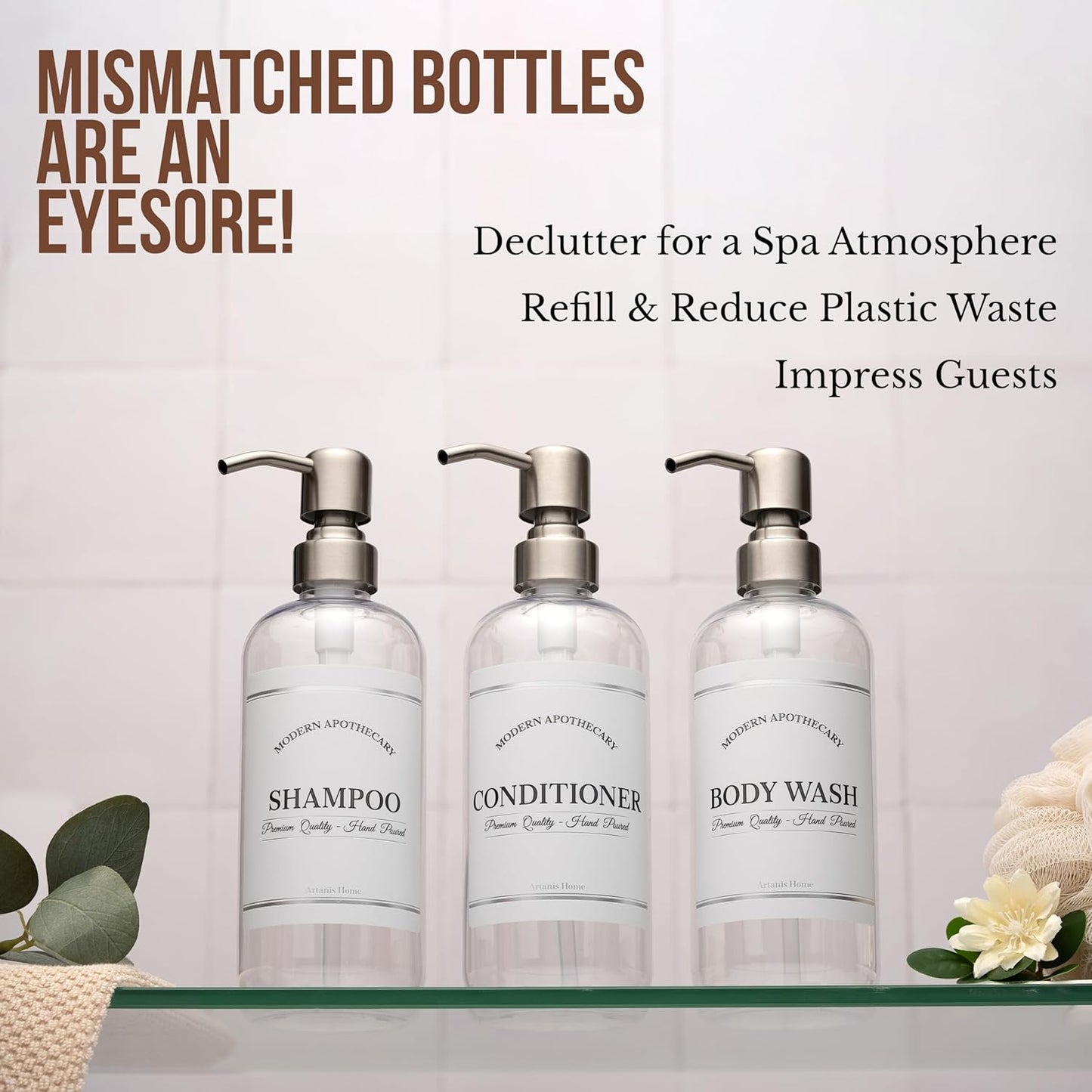 Clear Refillable Shampoo and Conditioner Bottles - Body Wash, Shampoo and Conditioner Dispenser