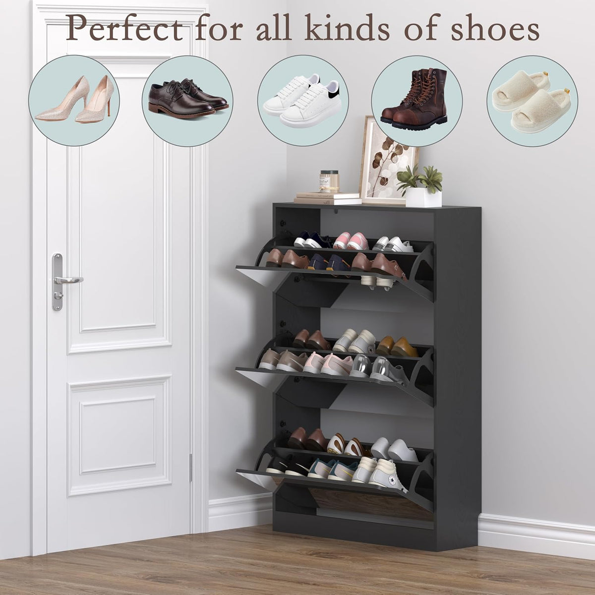 Shoe Cabinet with 3-Flip Mirror Drawers, Freestanding Shoe Rack Organizer with Hidden Handle, Slim