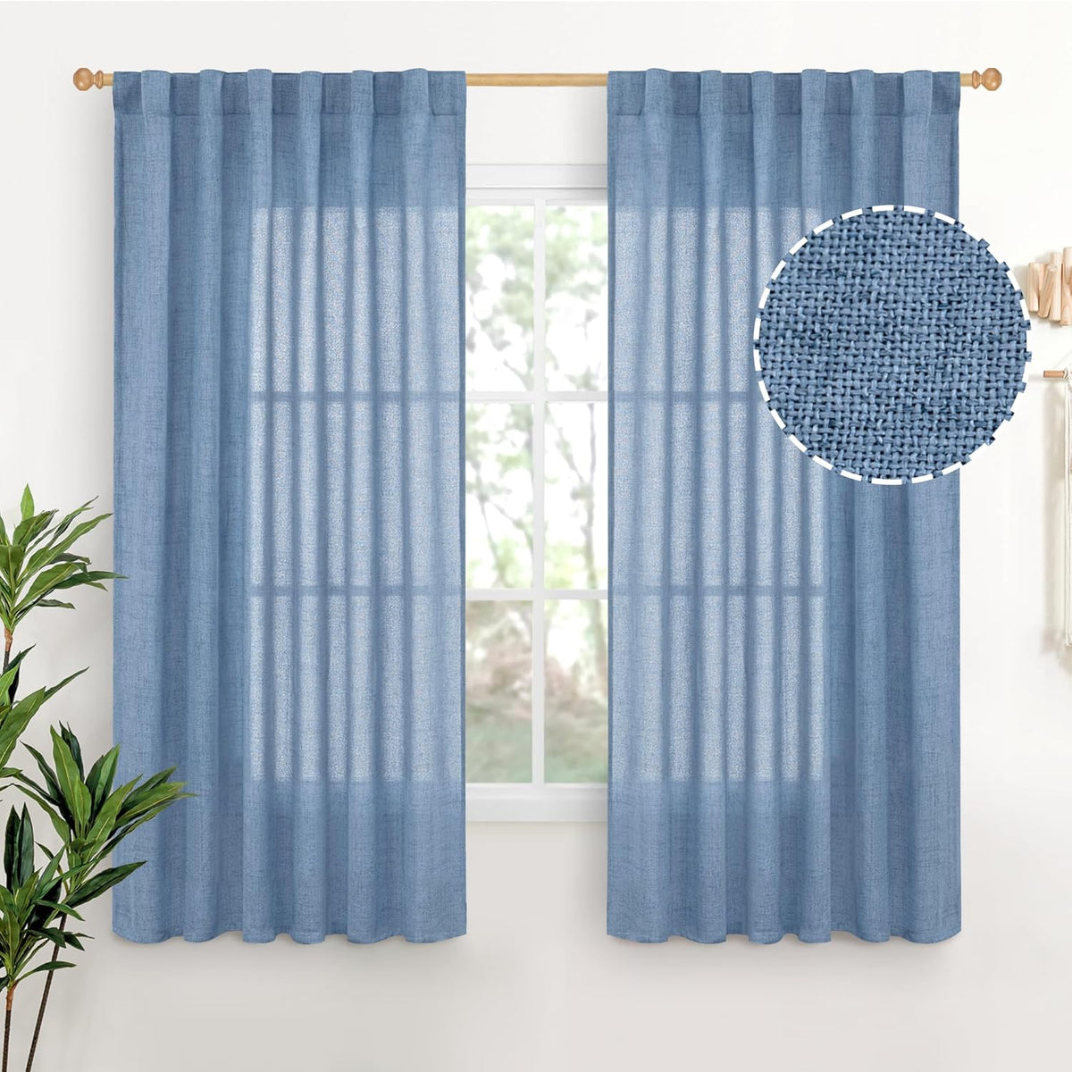 YoungsTex Denim Blue Linen Curtains 63 Inch Length for Bedroom - Light Filtering Semi Sheer Drapes
