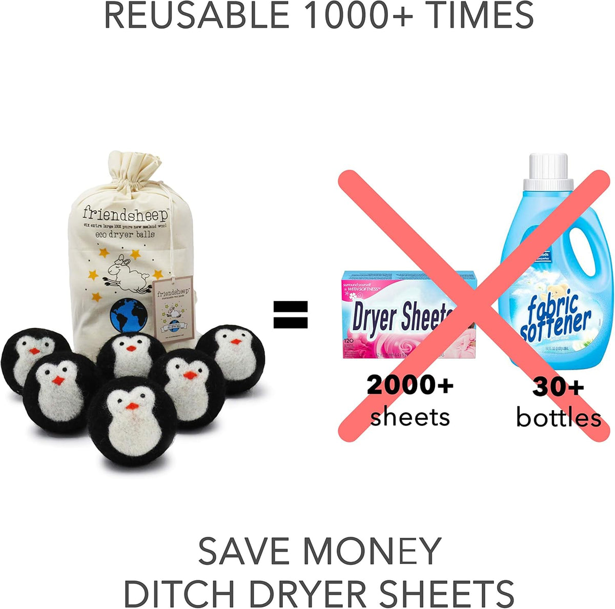 Friendsheep Wool Dryer Balls, Organic Fair Trade Reusable Fabric Softener, Extra Large, 6 Pack