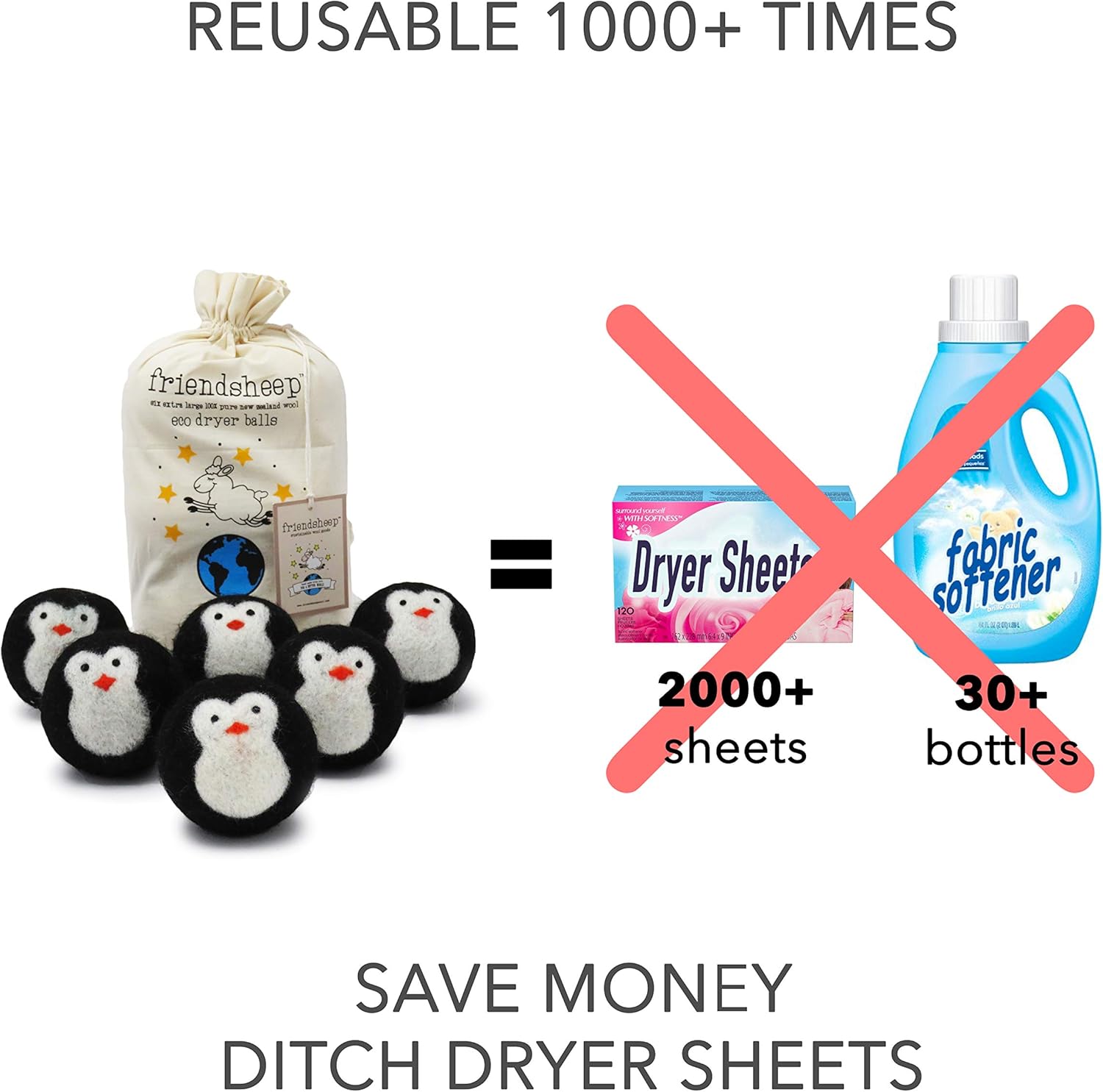 Friendsheep Wool Dryer Balls, Organic Fair Trade Reusable Fabric Softener, Extra Large, 6 Pack