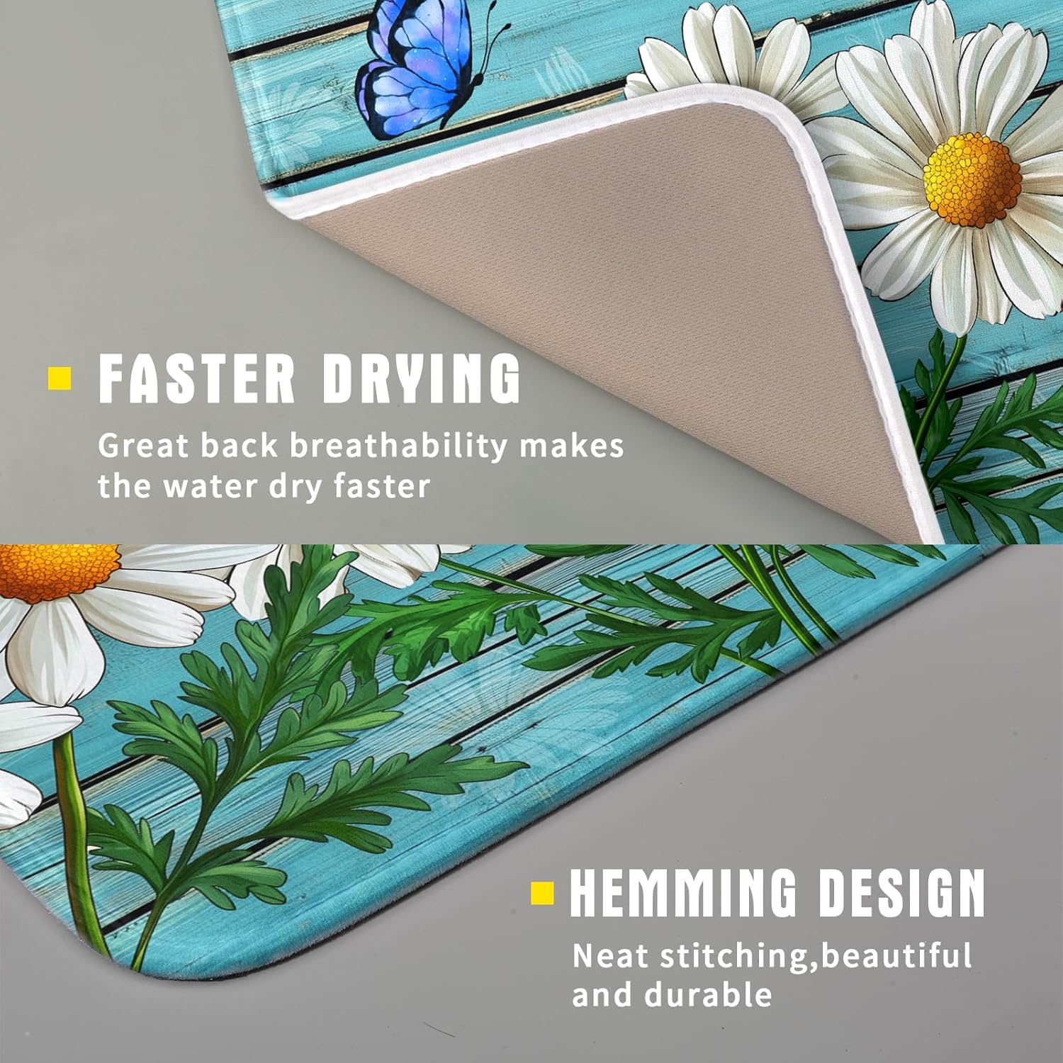 Spring Daisy Floral Dish Drying Mat for Kitchen Counter 16x18in Turquoise Daisy Old Wooden Board