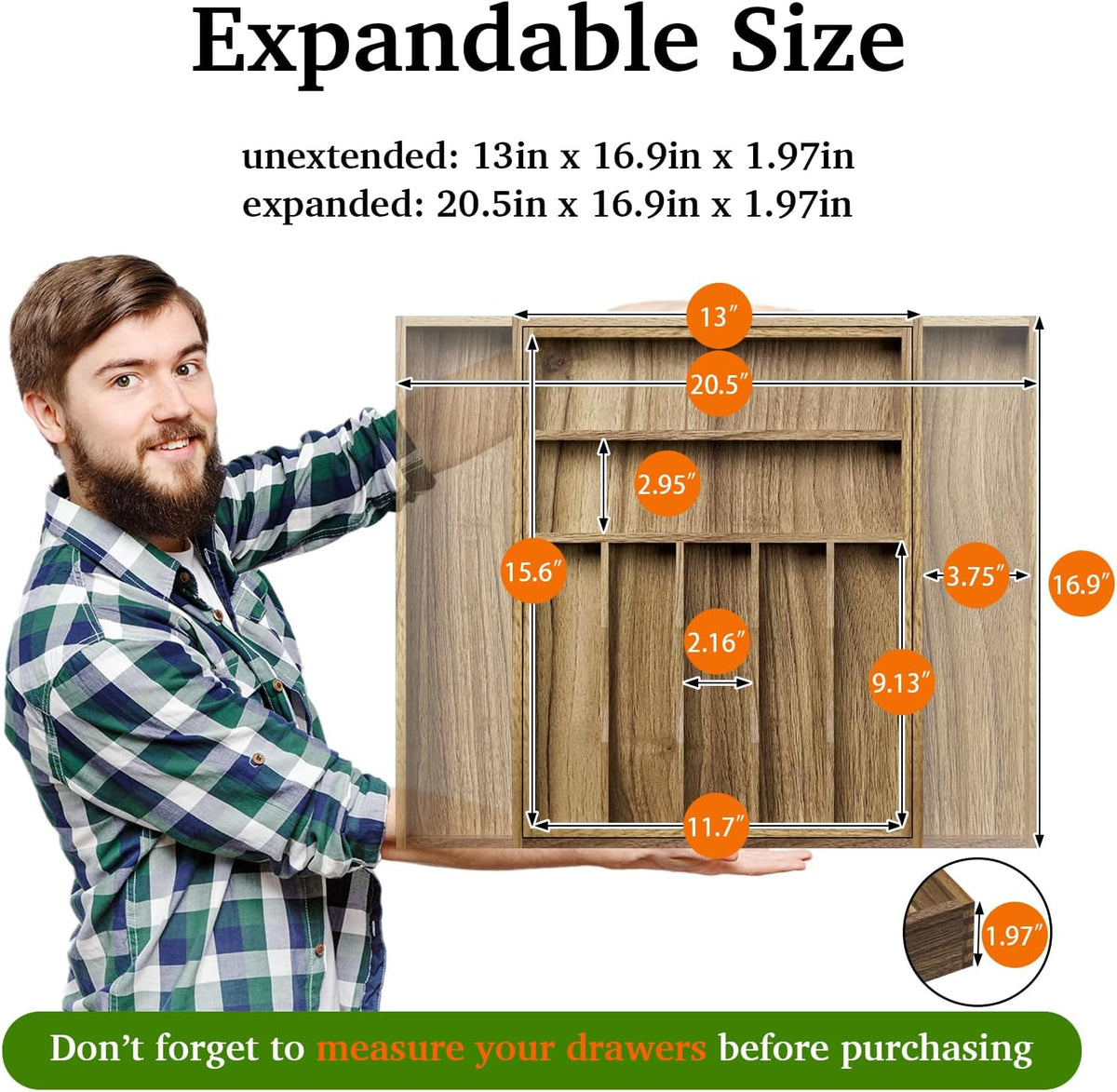 Acacia Wood Kitchen Silverware Drawer Organizer, Expandable Utensil Cutlery Drawer Organizer with