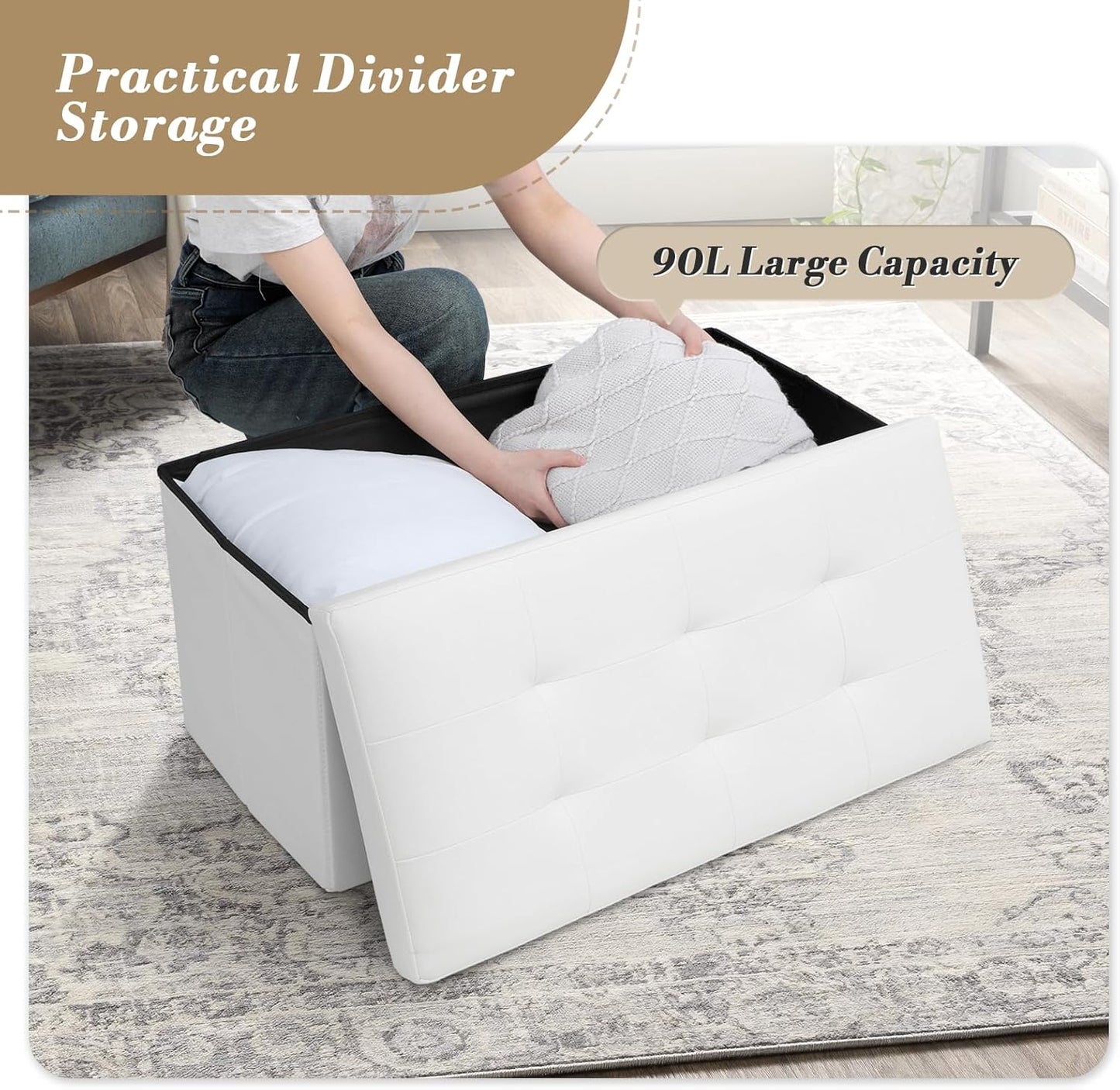 Athena Collection 30" Storage Ottoman Bench Folding Bench with 90L Hidden Storage, Large End of Bed