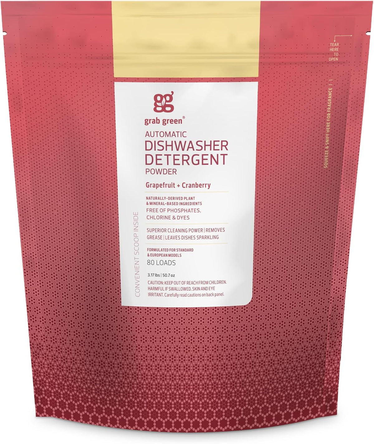 Grab Green Automatic Dishwashing Detergent Powder 3.17 lbs, 80 Loads, Grapefruit Cranberry Scent