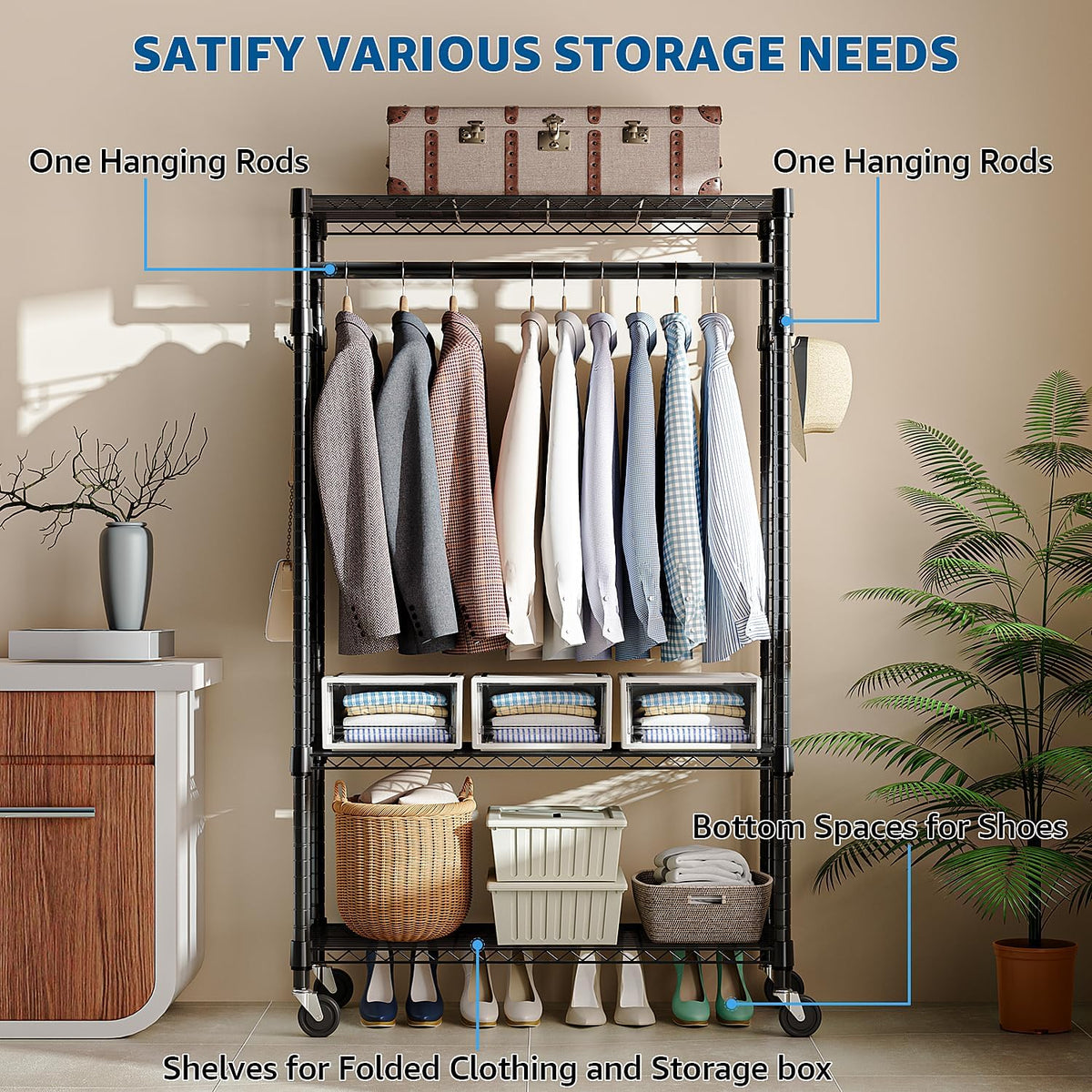 Heavy Duty Rolling Garment Rack 3 Tiers Adjustable Wire Shelving Clothes Rack with Rods and Side