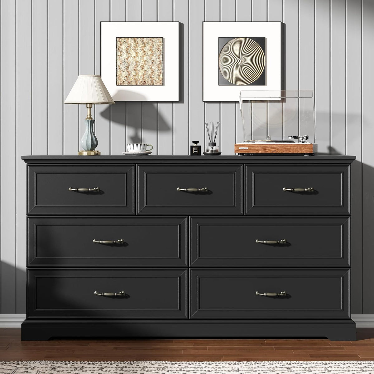 7 Drawer Dresser for Bedroom, 57" Wide Wooden Chest of Drawers, Rustic Farmhouse Dresser with Large