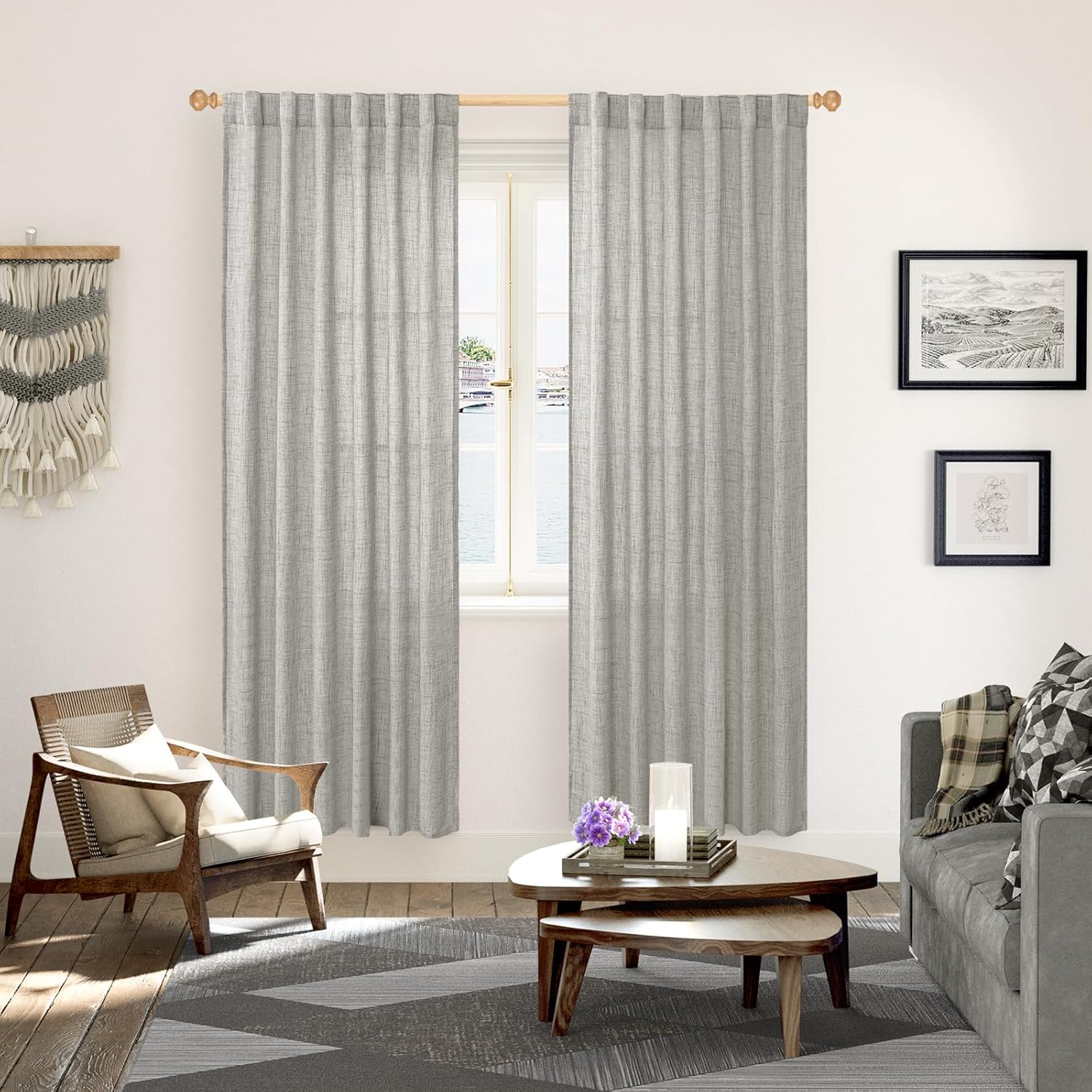 YoungsTex Dark Grey Linen Curtains 78 Inch Length for Living Room, Light Filtering Semi Sheer