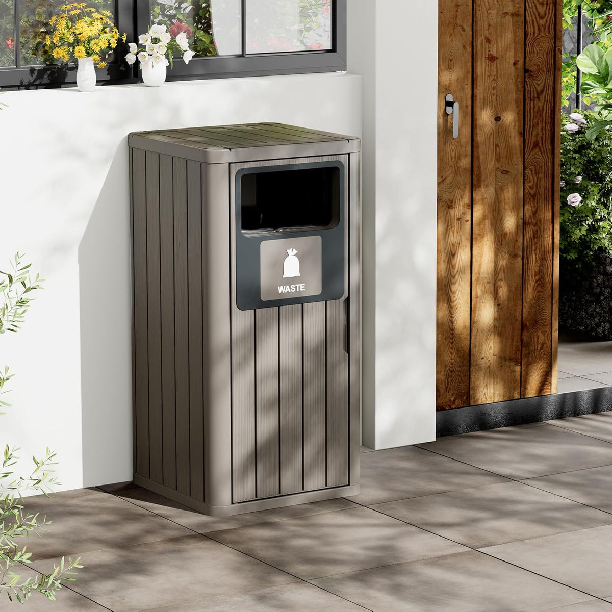 Outdoor Trash Can Waterproof Resin Garbage Can with Garbage Labels Outdoor Trash Bin for Patio
