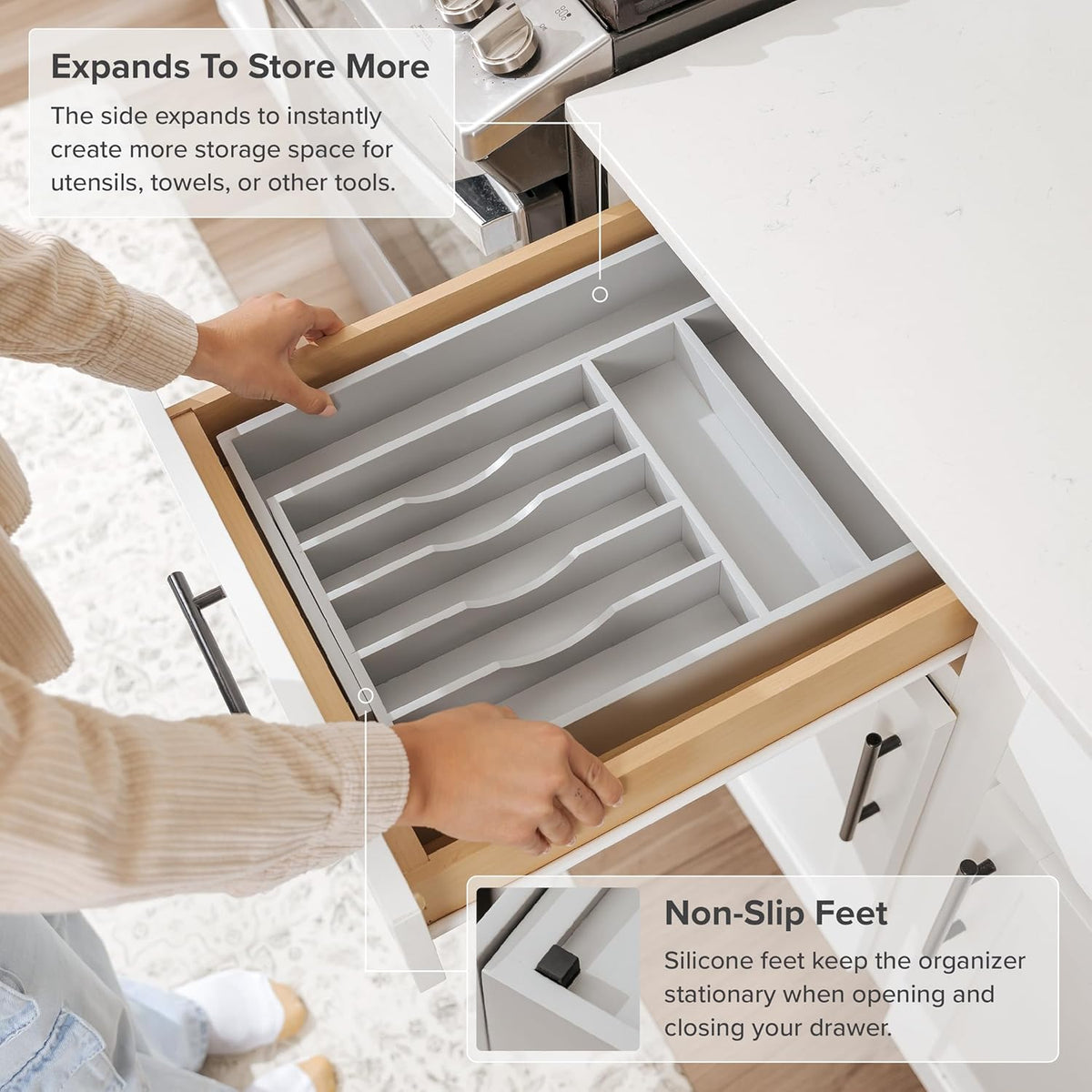 KitchenEdge Premium Silverware, Flatware and Utensil Organizer for Kitchen Drawers, Food-Safe